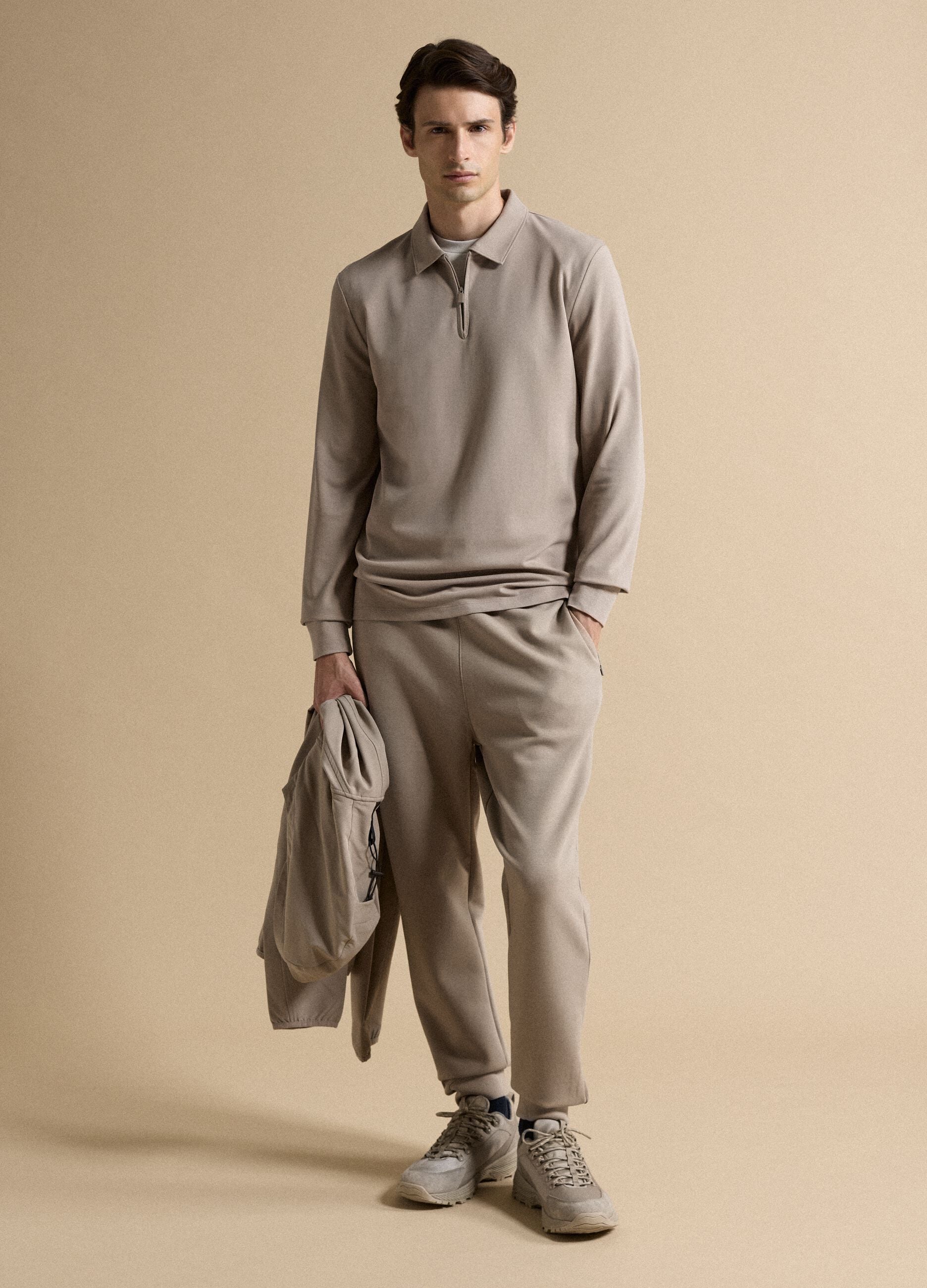 Grey stretch cotton-blend piqu&eacute; polo shirt, Easy Dry, regular fit