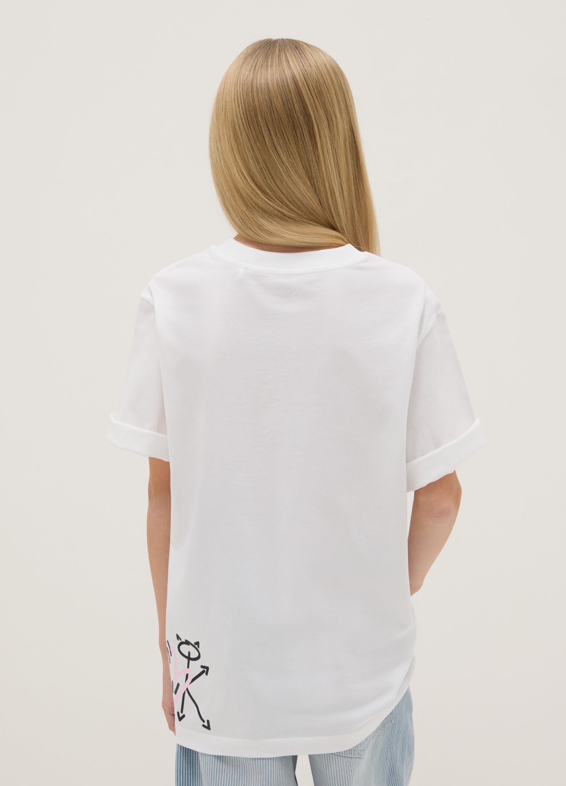 Girls' white pure cotton overfit T-shirt with lettering