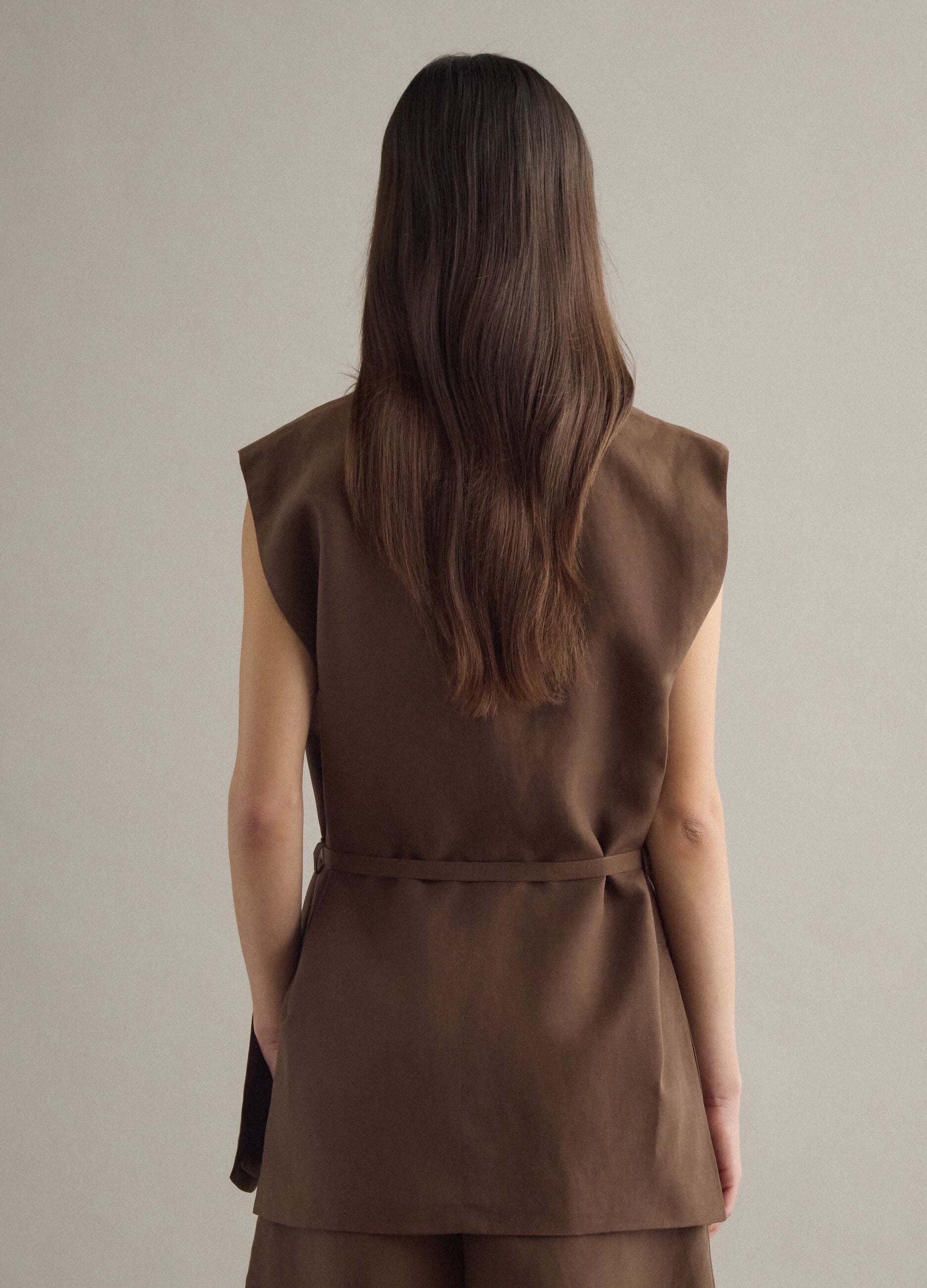 Brown regular fit lyocell and linen blend waistcoat with belt
