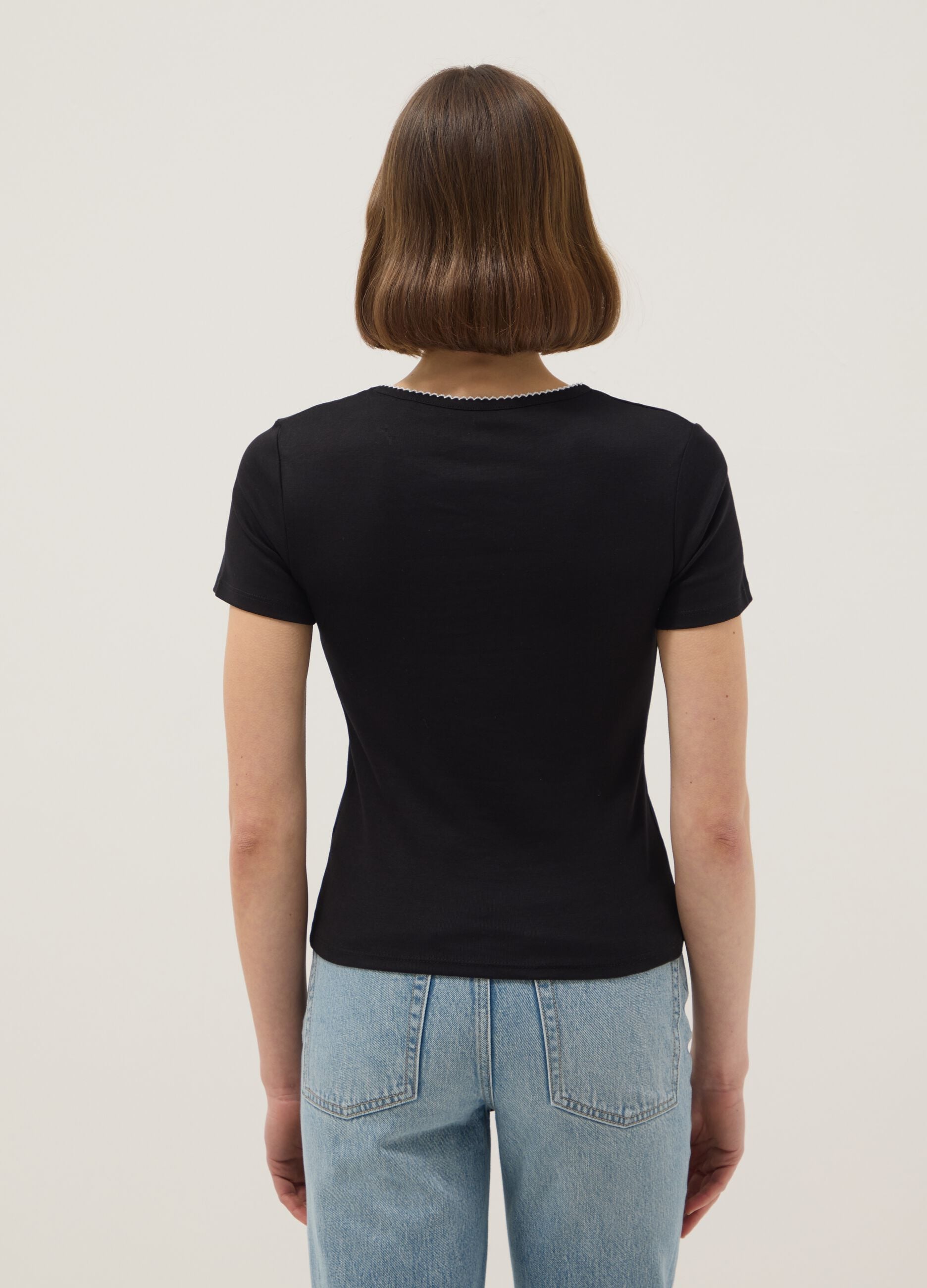 Black pure cotton regular fit T-shirt with contrast stitching