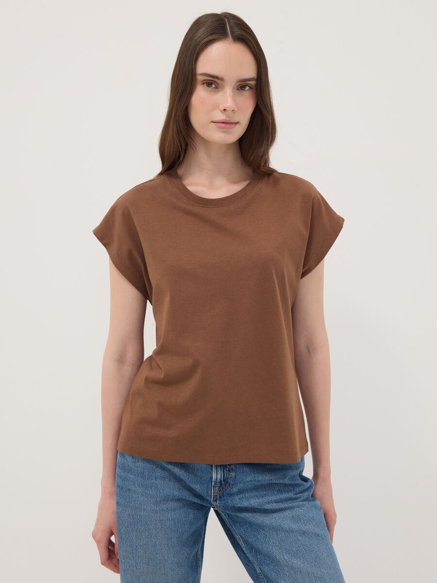 Brown pure cotton short-sleeve regular fit T-shirt_0