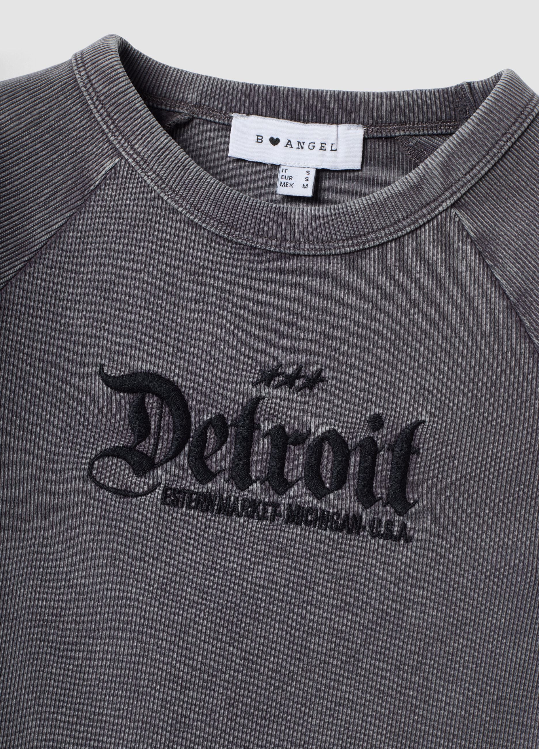 Grey fitted ribbed stretch cotton T-shirt with Detroit lettering