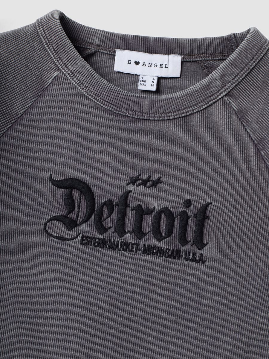 Grey fitted ribbed stretch cotton T-shirt with Detroit lettering_6