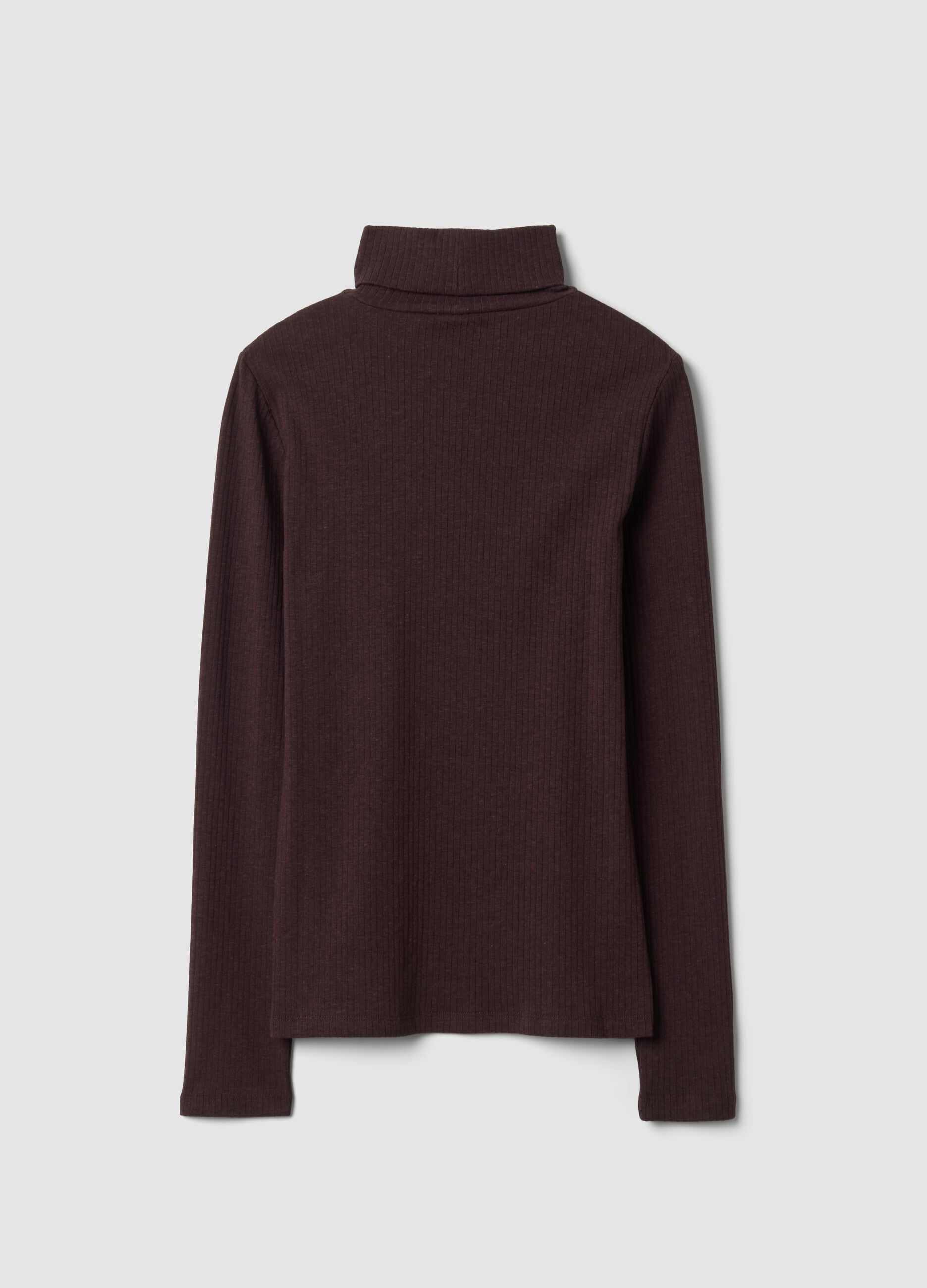 Brown ribbed stretch-cotton crew-neck T-shirt, regular fit