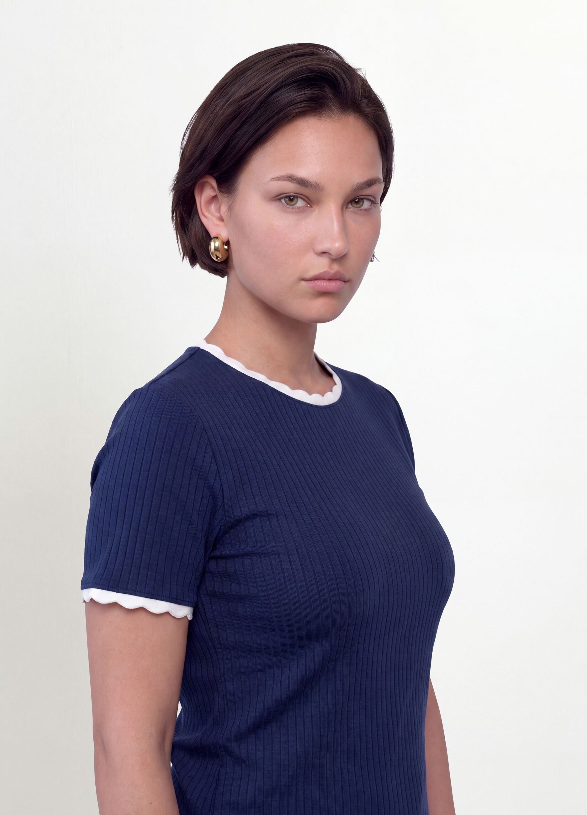 Blue stretch viscose crew-neck T-shirt with contrast trim