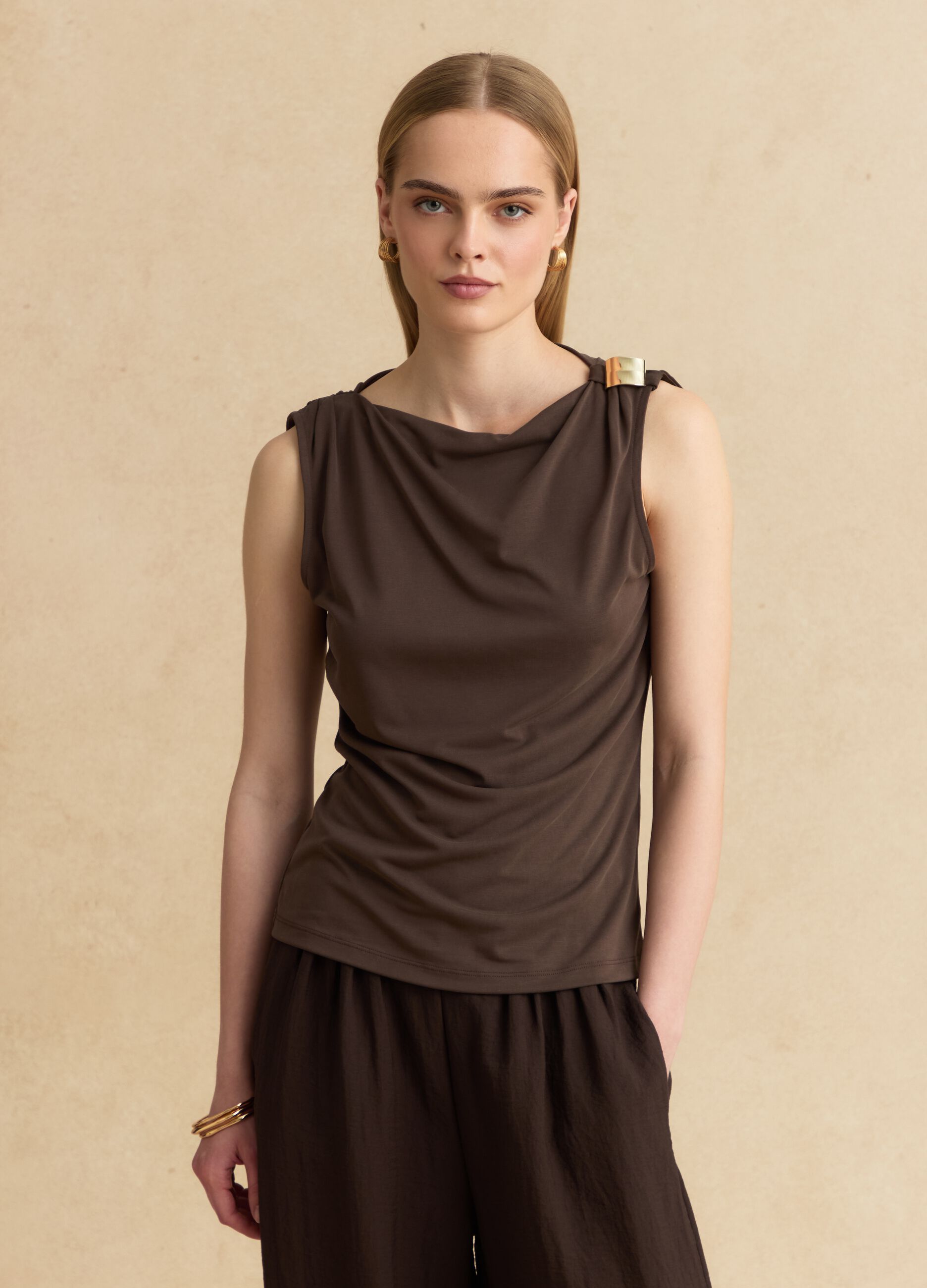 Brown sleeveless viscose-blend top with jewel detail