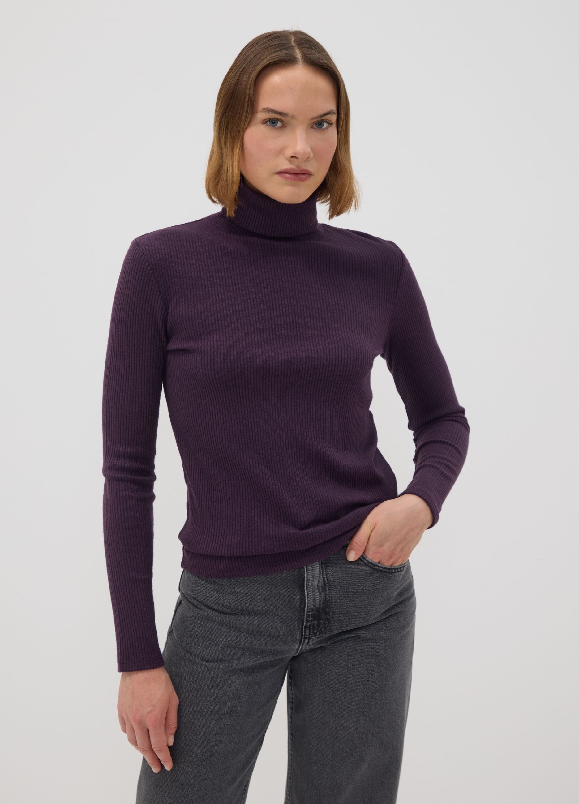 Purple ribbed viscose-blend crew-neck top