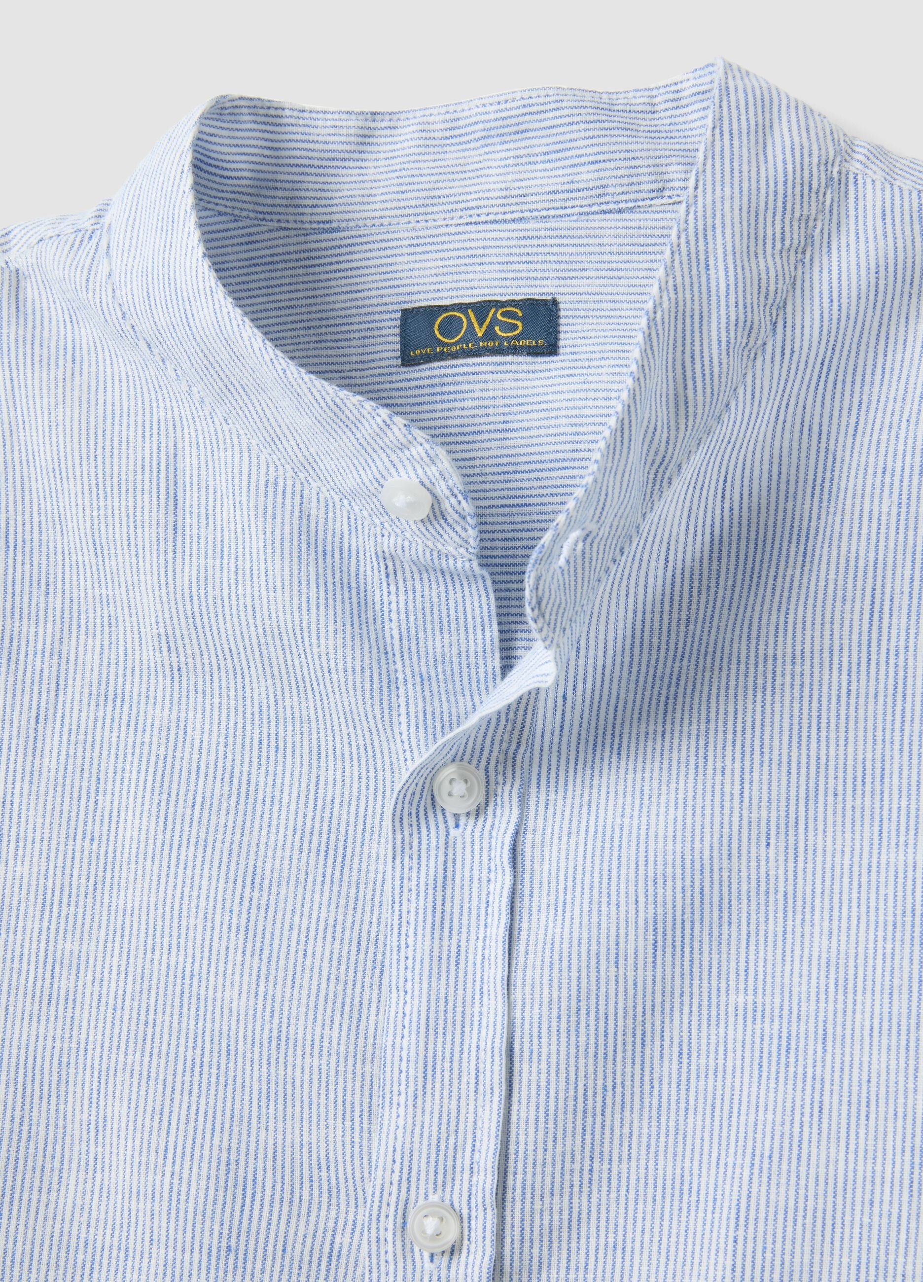 Multicoloured striped shirt with band collar in linen and cotton blend, regular fit