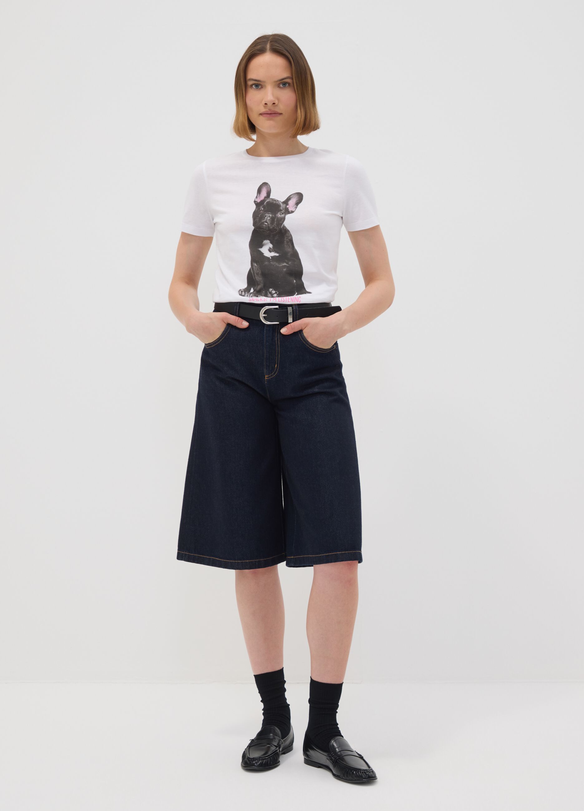 White pure cotton crew-neck T-shirt with puppy print, regular fit