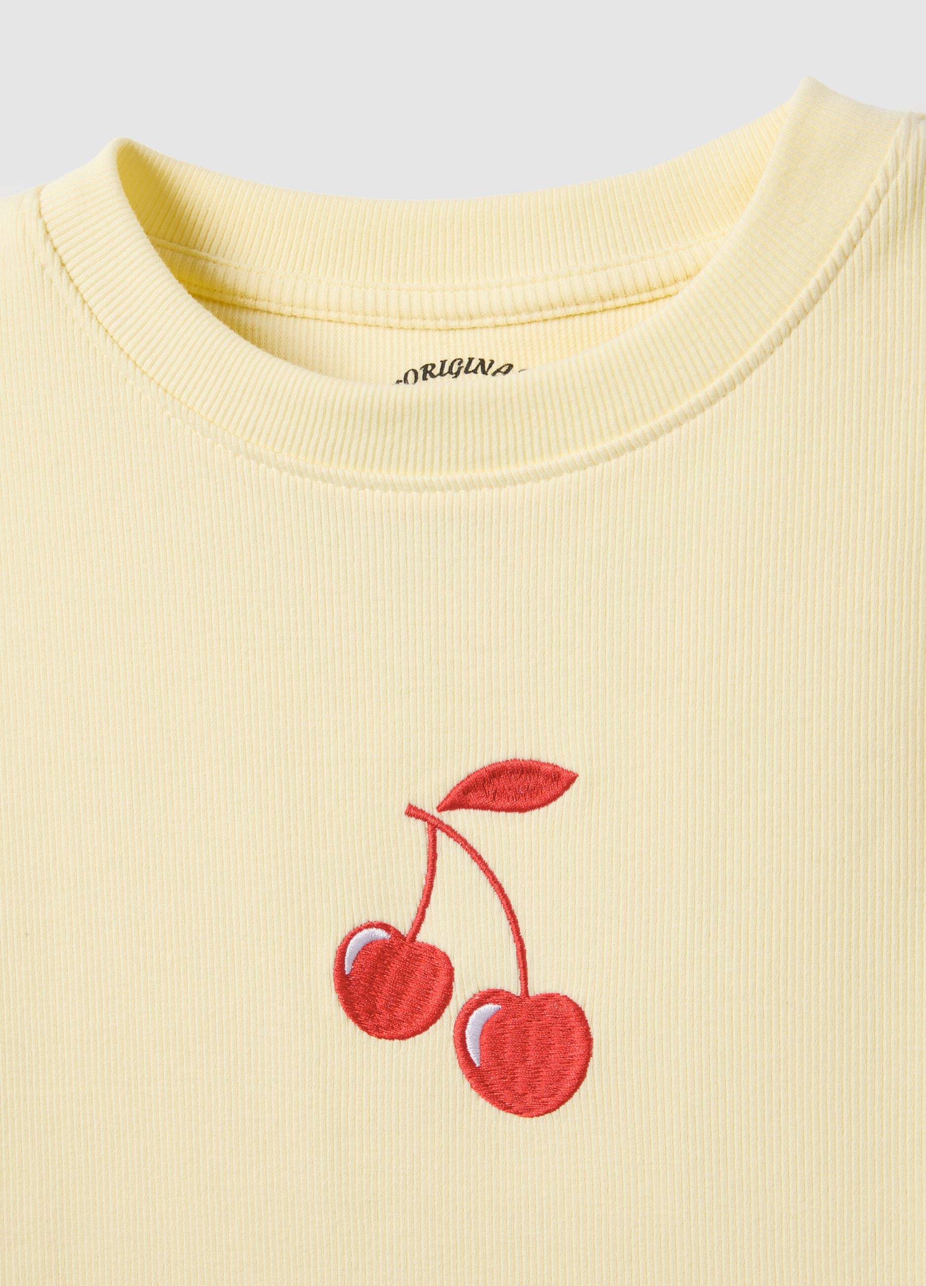 Yellow pure cotton regular fit T-shirt with cherry print