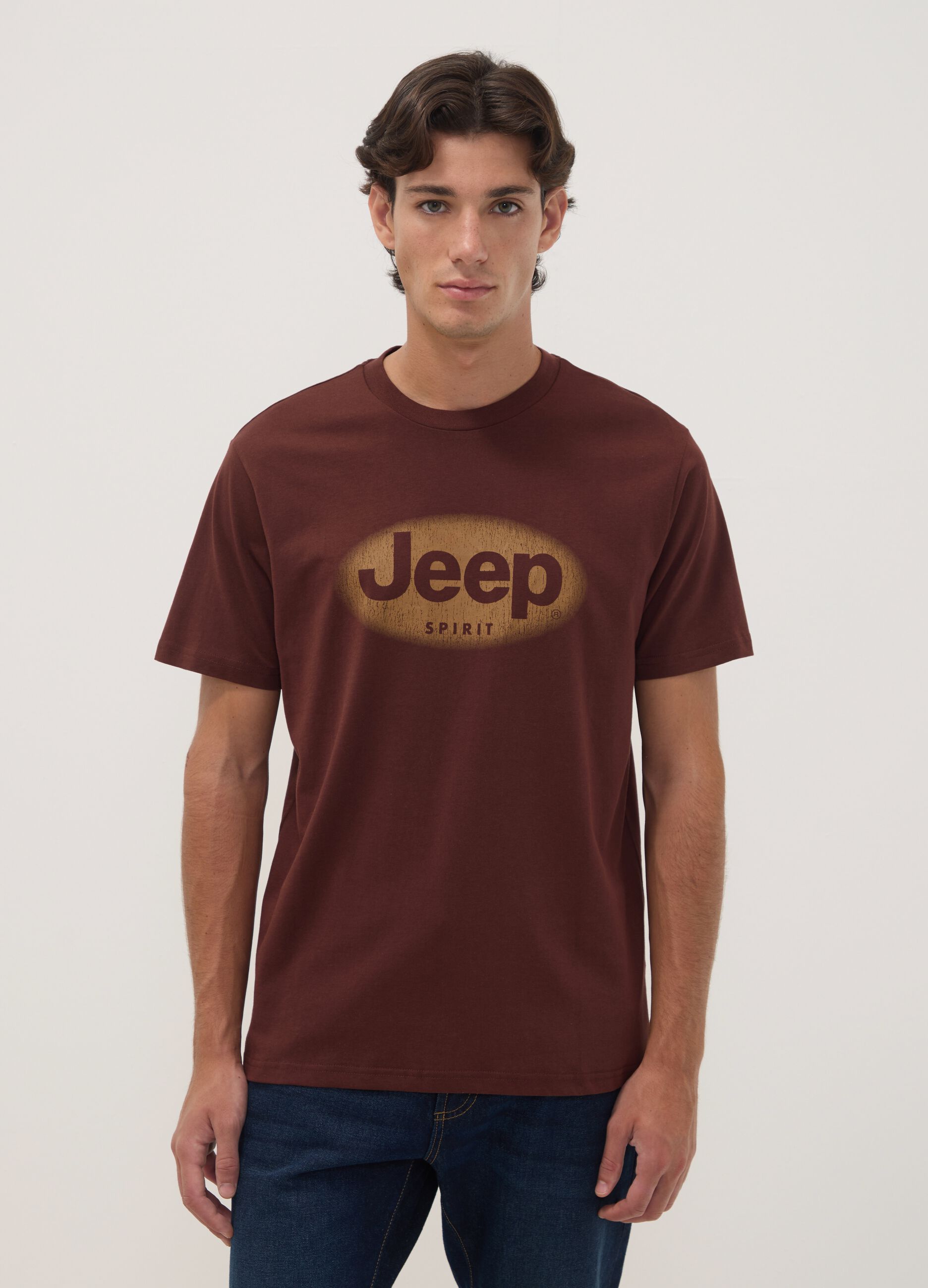 Brown pure cotton crew-neck T-shirt with Jeep print