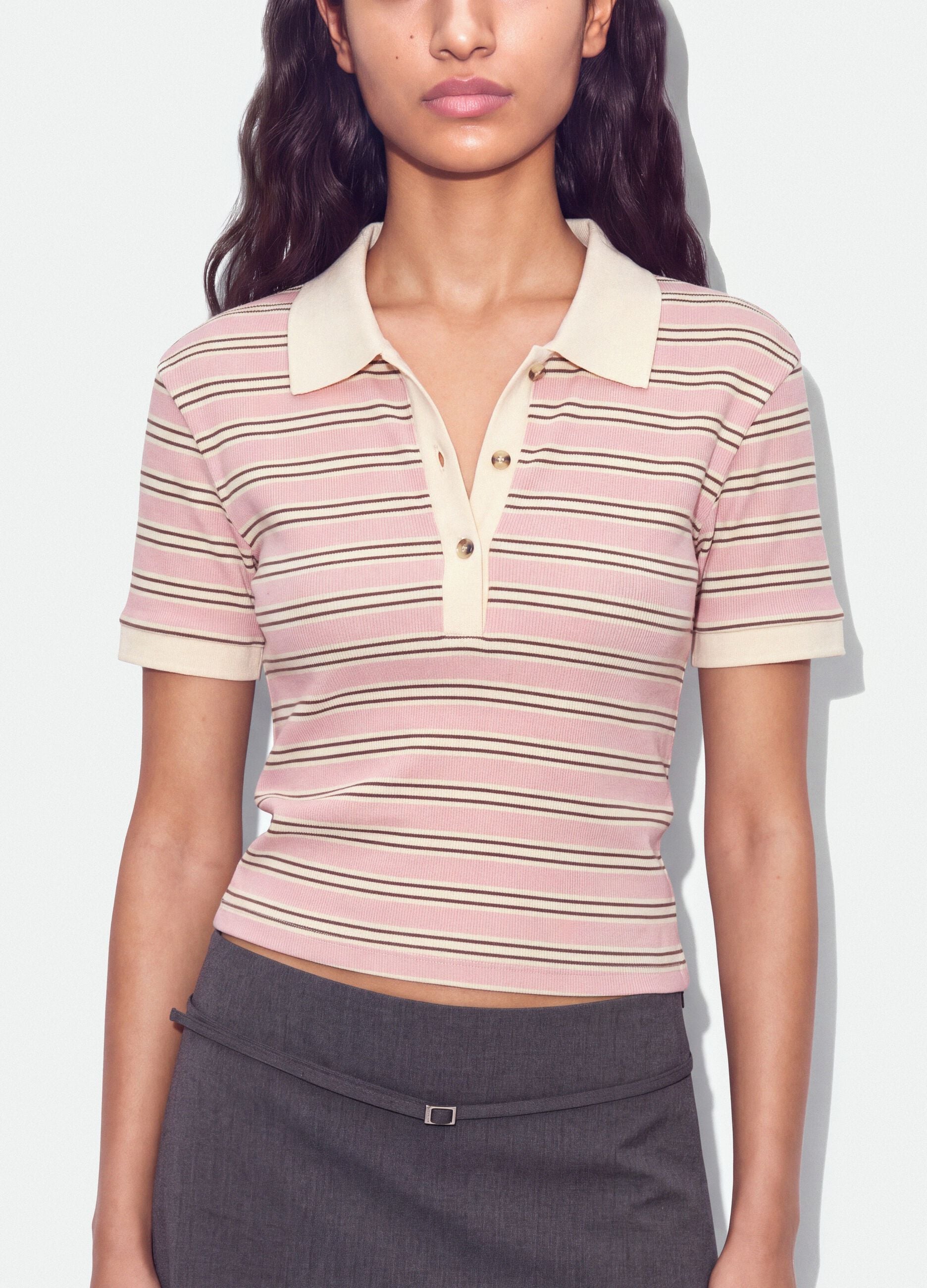 Pink striped cropped stretch-cotton polo, regular fit