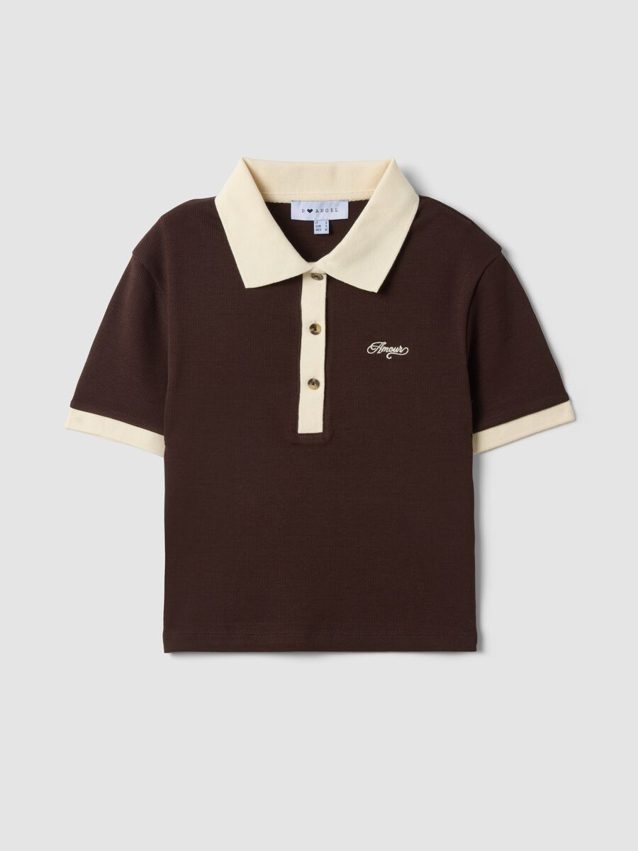 Brown cropped stretch cotton polo with print, regular fit_0