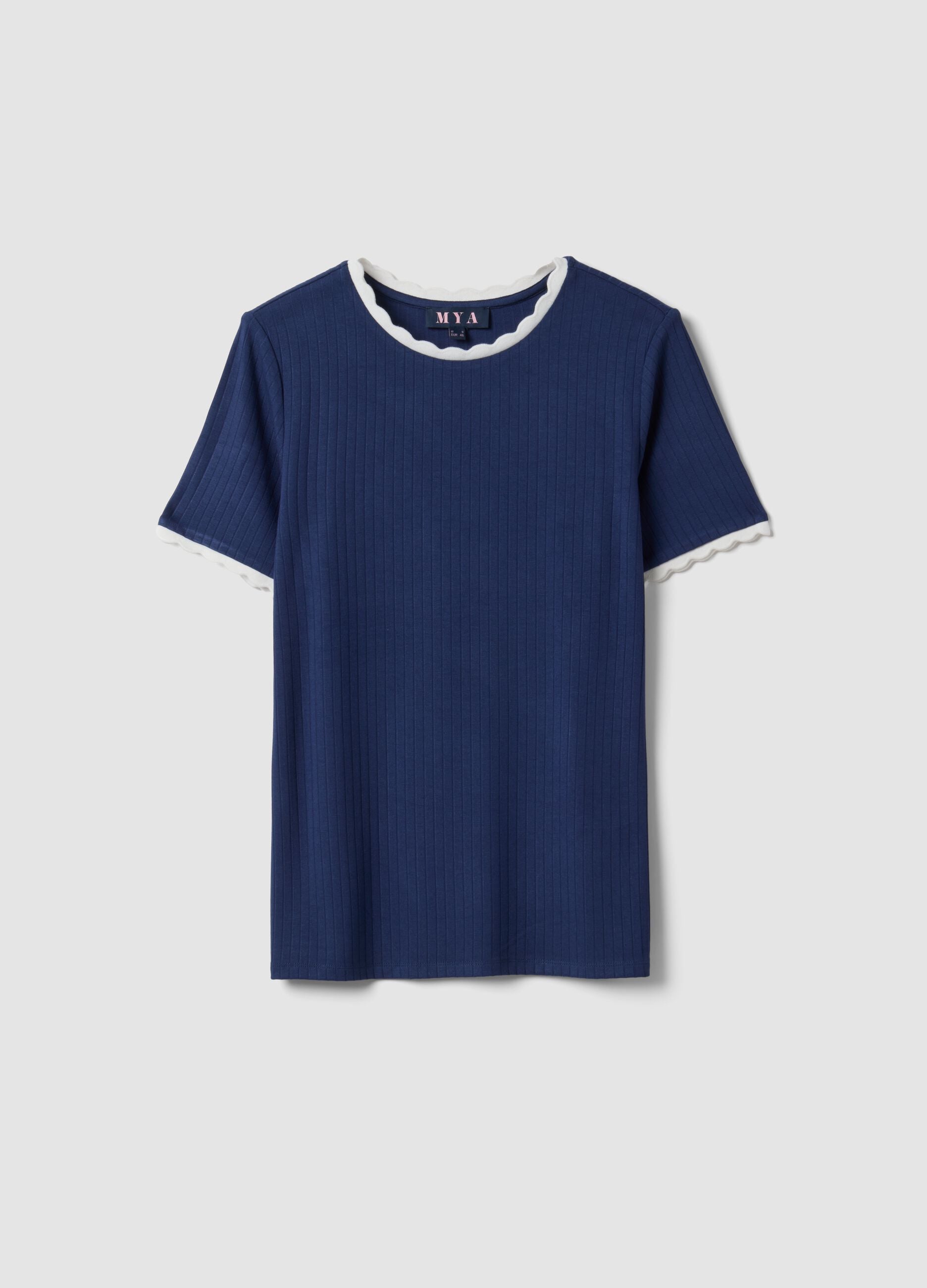 Blue stretch viscose crew-neck T-shirt with contrast trim