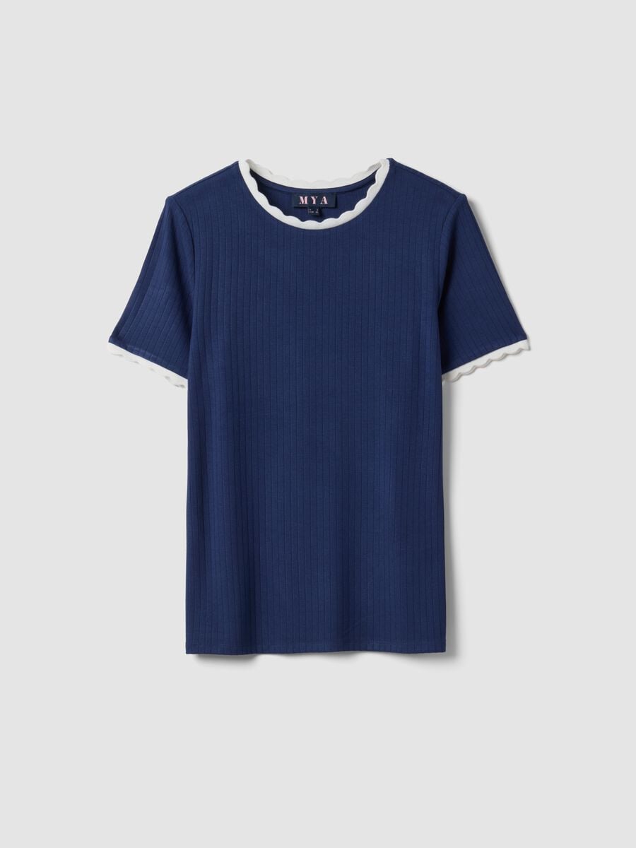 Blue stretch viscose crew-neck T-shirt with contrast trim_0