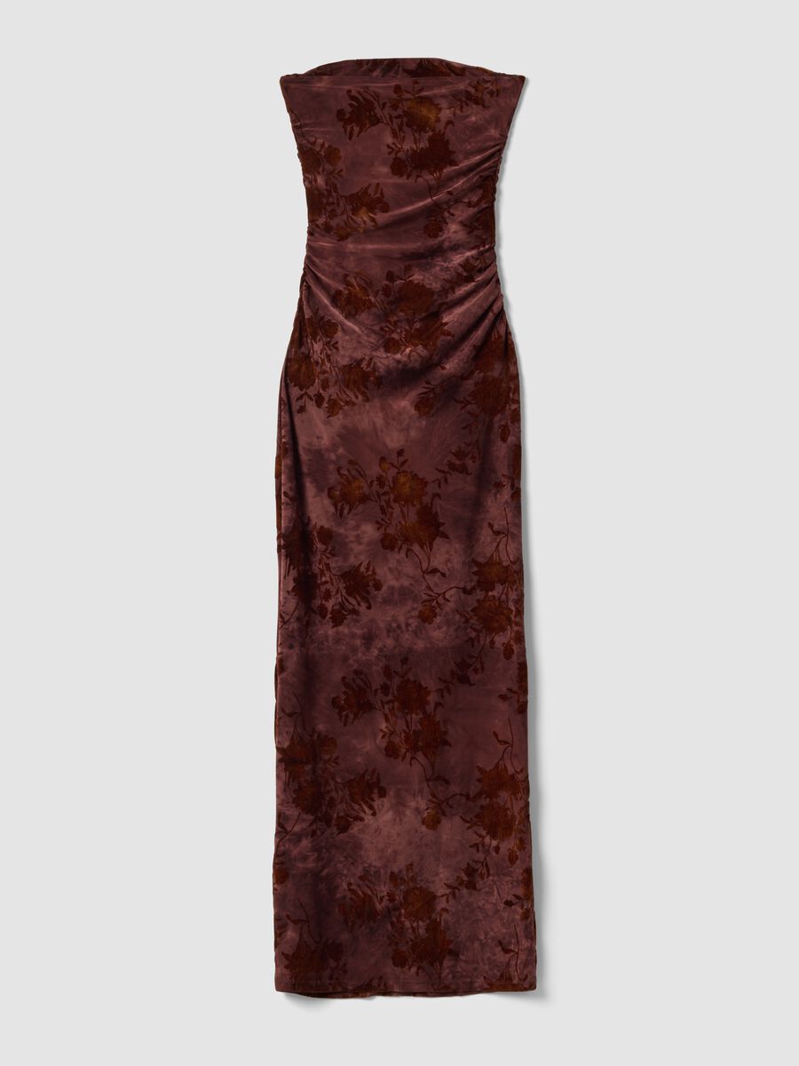 Red long fitted dress in stretch fabric with floral pattern_1