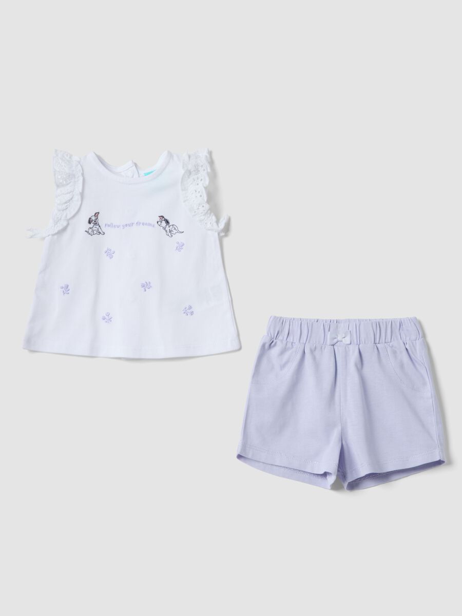 Completo bianco in puro cotone organico con top e shorts per neonati_0