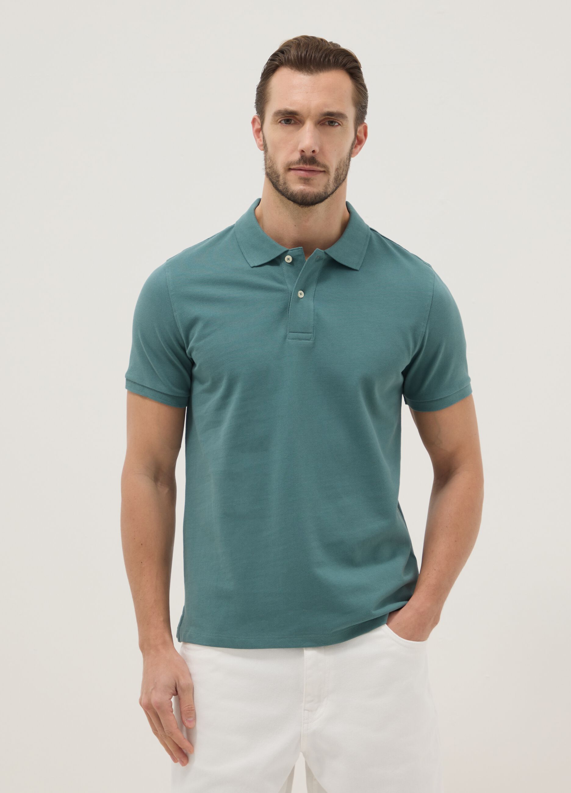 Regular fit short sleeve green pure cotton polo
