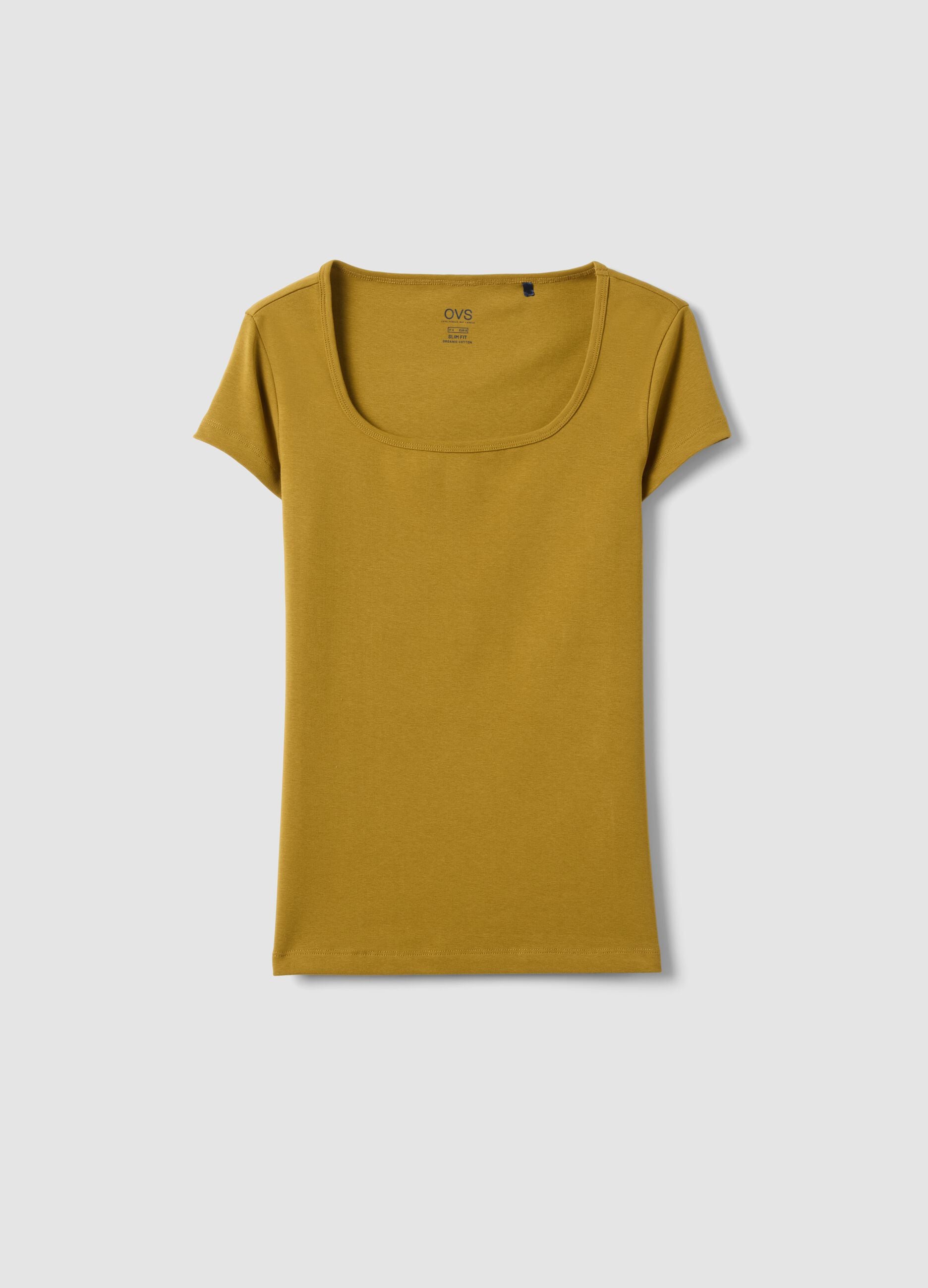 Green fitted stretch cotton T-shirt with square neckline