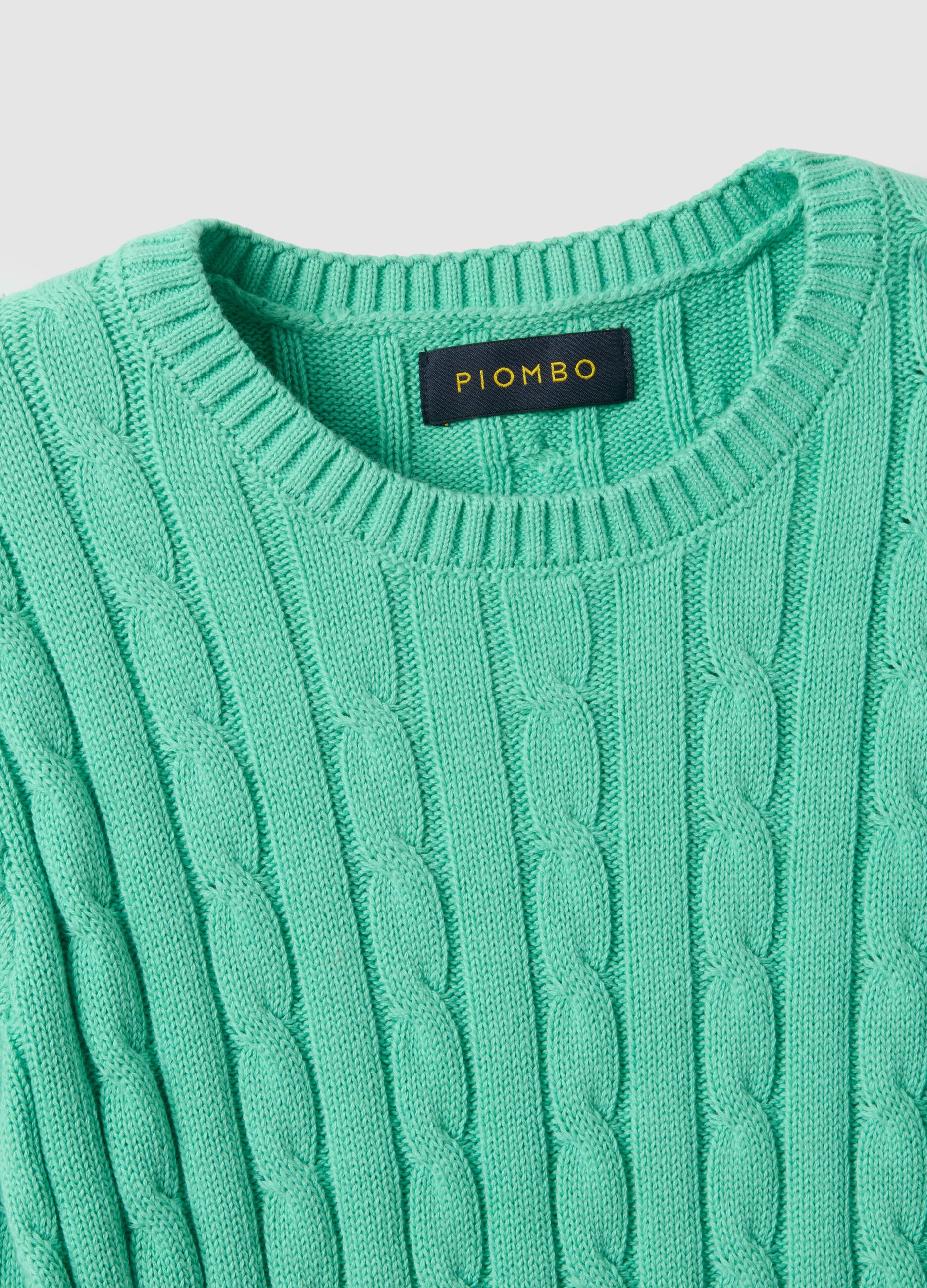 Green pure cotton regular fit sweater with cable knit