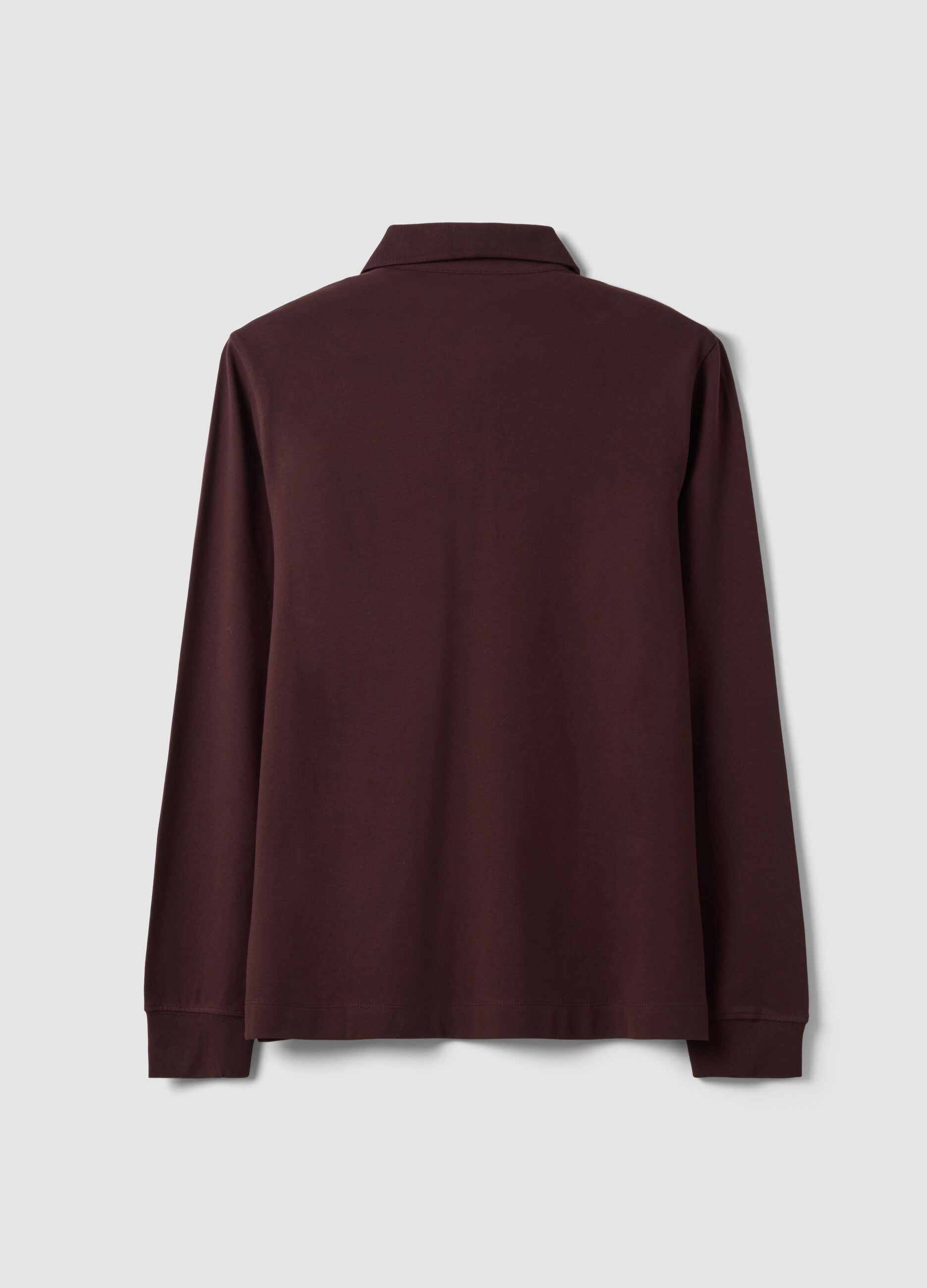 Men&rsquo;s brown long-sleeve stretch cotton polo shirt, regular fit