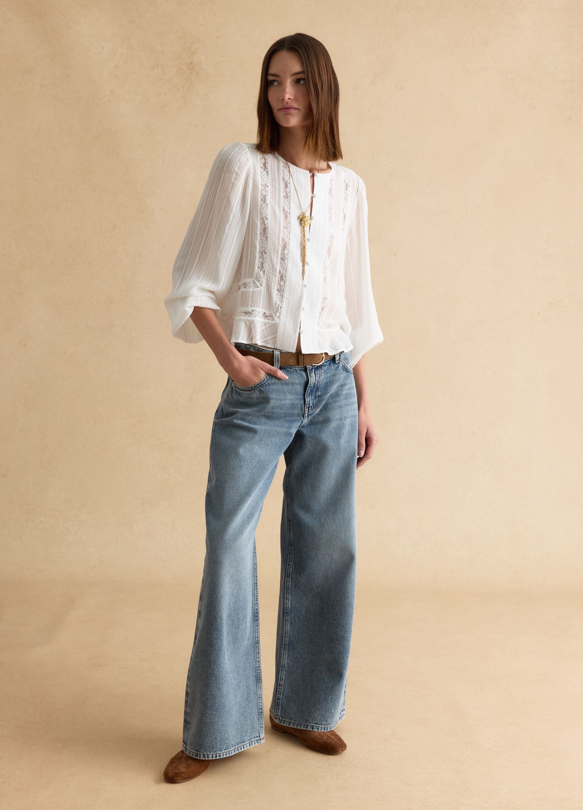 White pure viscose shirt regular fit with lace details