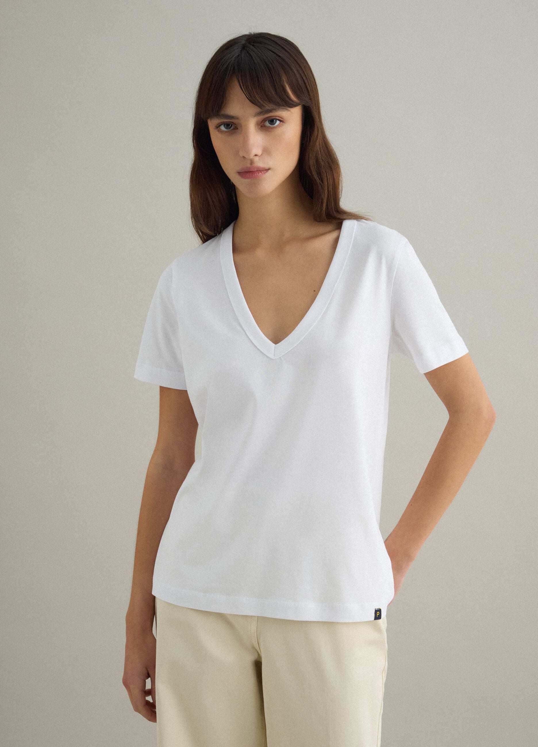 White pure cotton T-shirt regular fit deep V