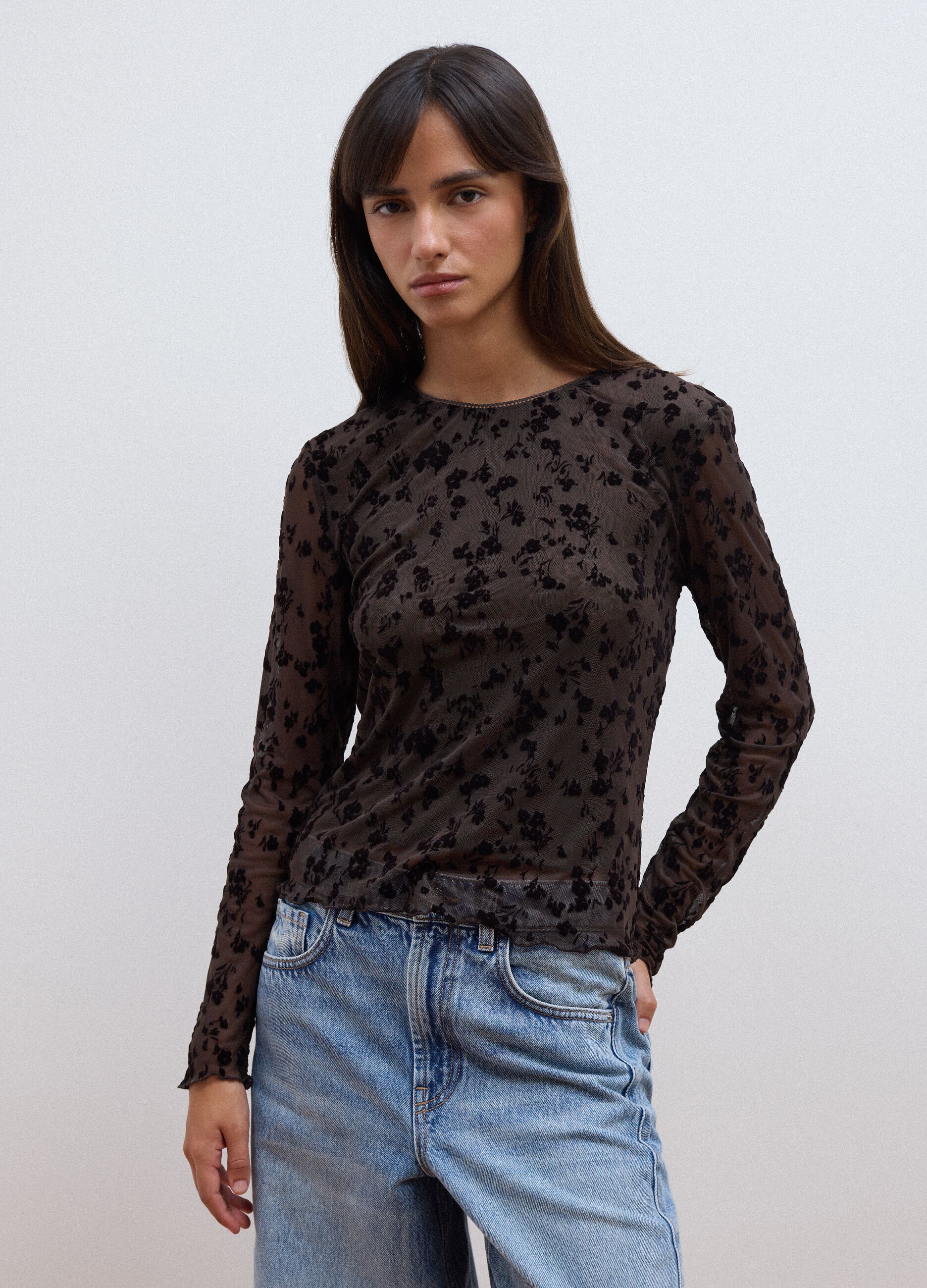 Black stretch floral-pattern T-shirt