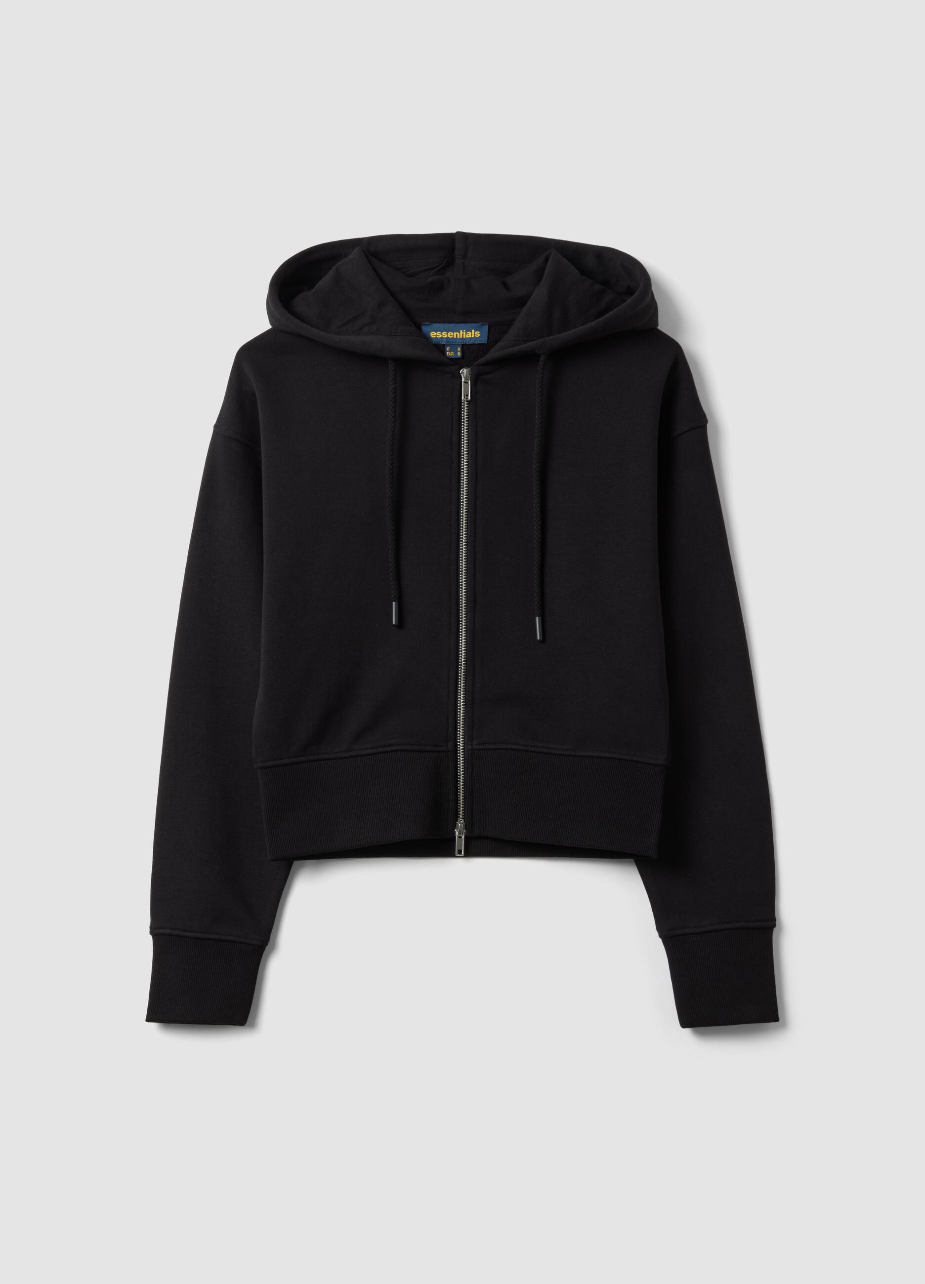 Felpa full zip nera in misto cotone con cappuccio fitted