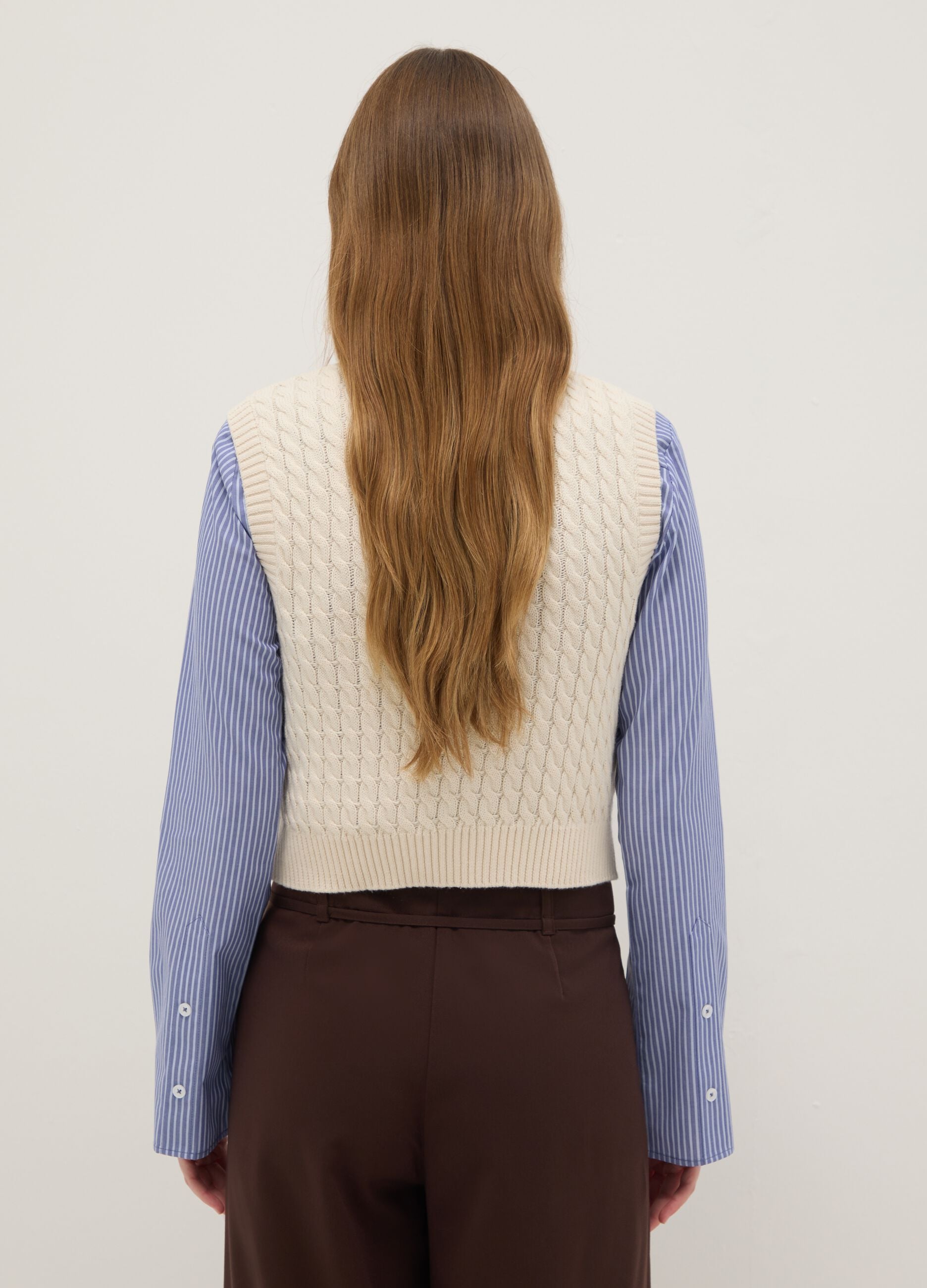 Beige pure cotton regular fit waistcoat with cable knit design