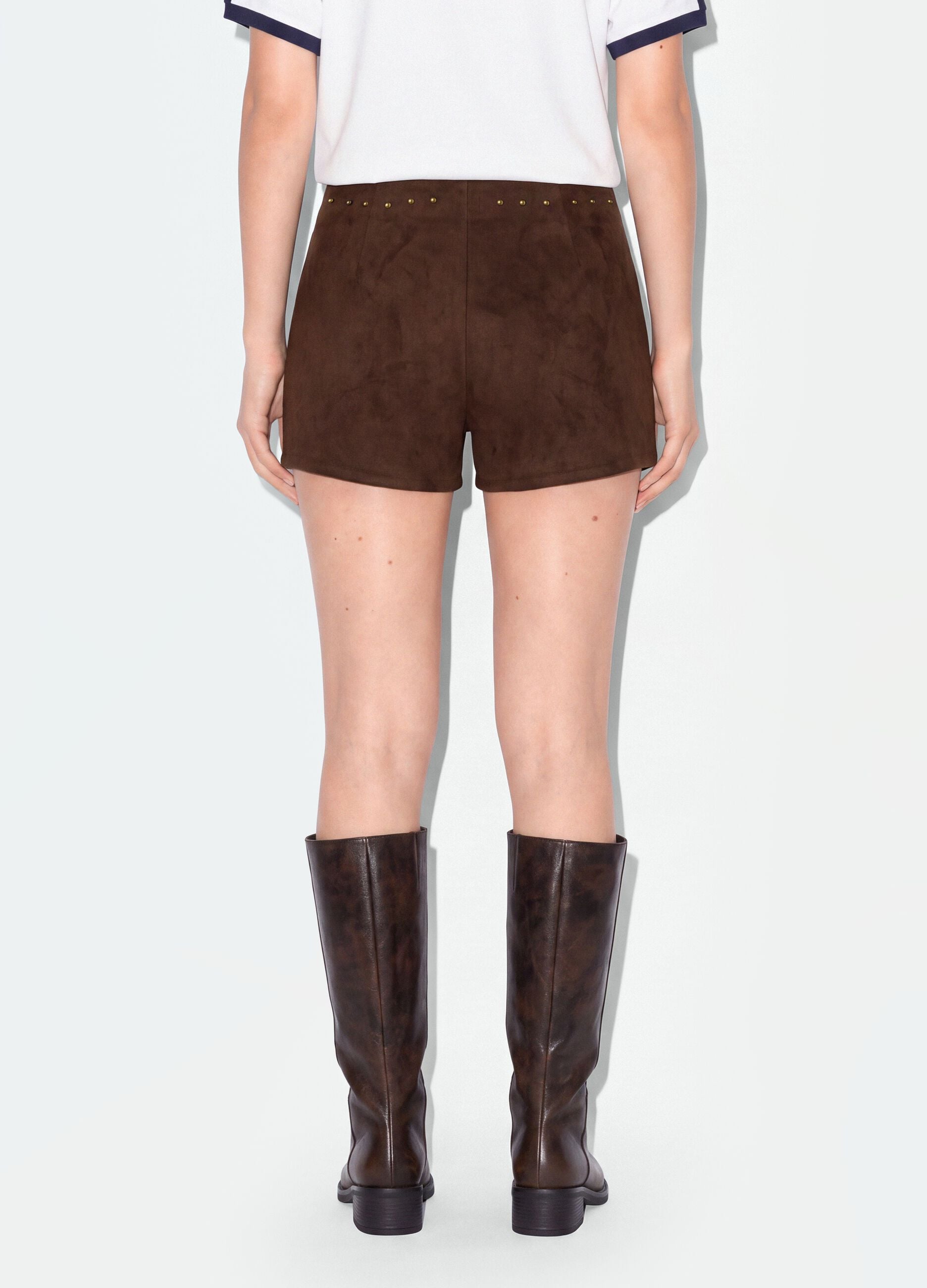Brown stretch mini shorts with studs