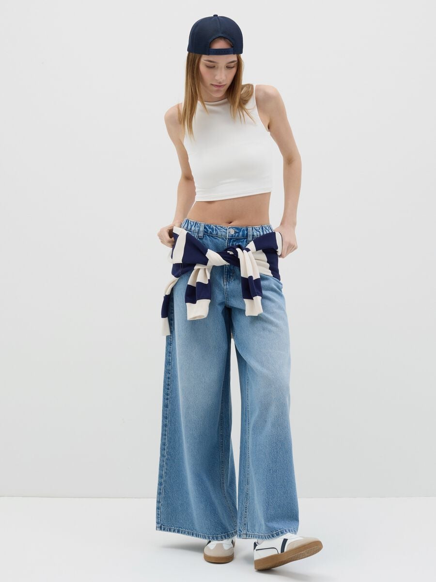 Jeans da donna in puro cotone denim con vita regolare wide leg_0
