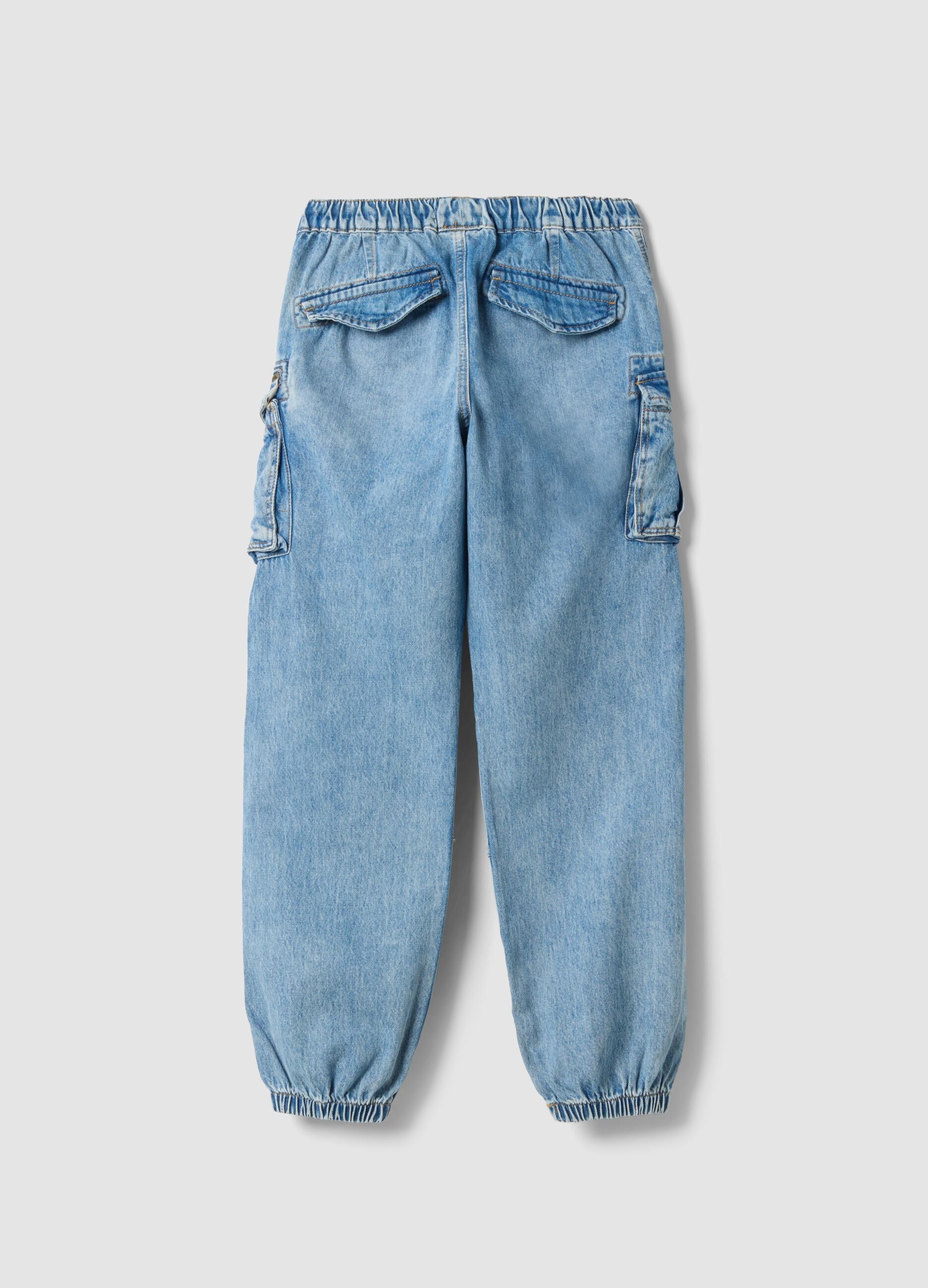 Light blue pure cotton cargo jeans with elasticated waist, relaxed fit