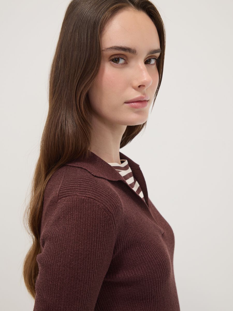 Brown ribbed viscose-blend polo-collar top_0