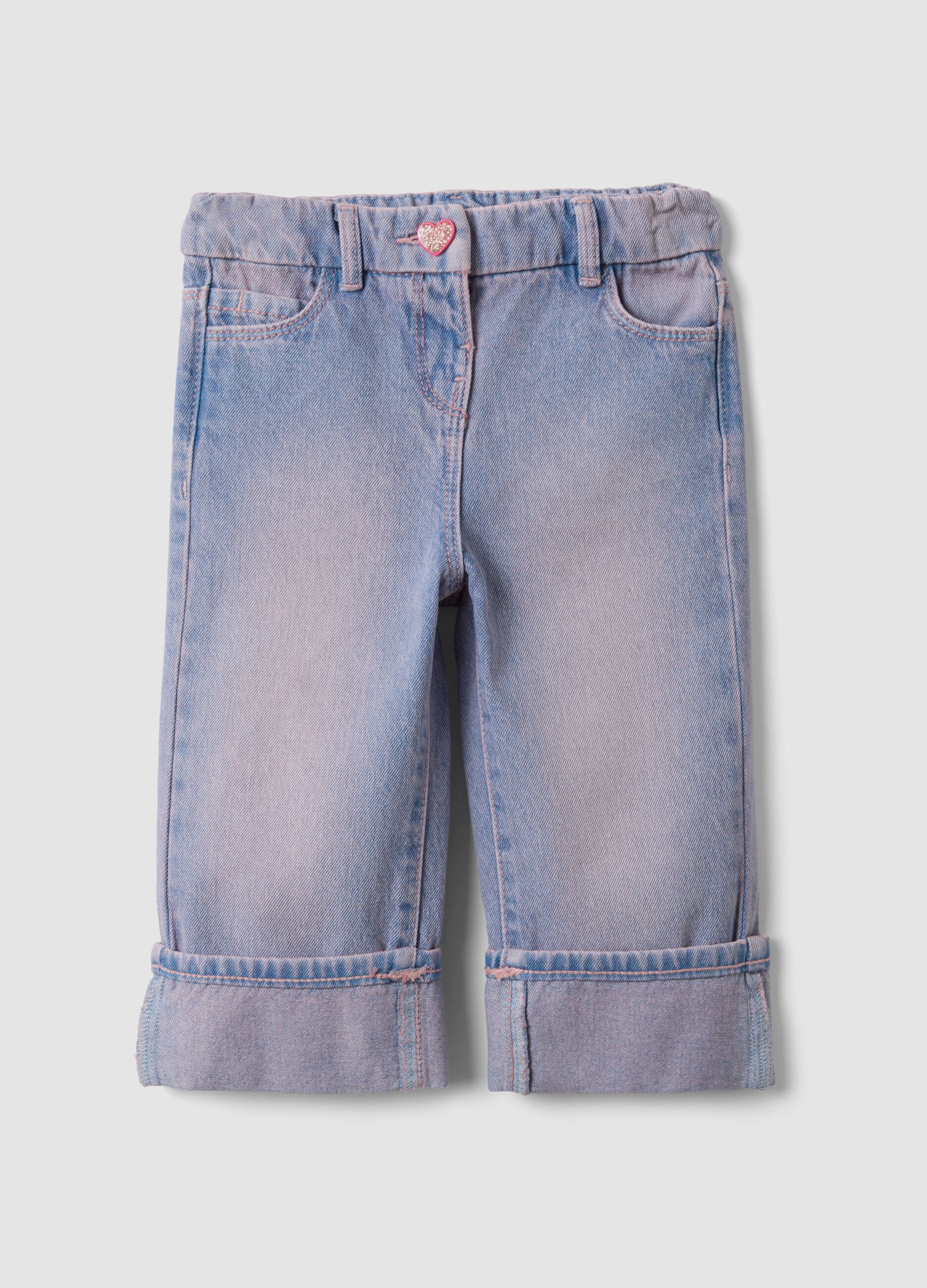 Blue denim straight-fit jeans in pure cotton with turn-up cuffs for baby girl