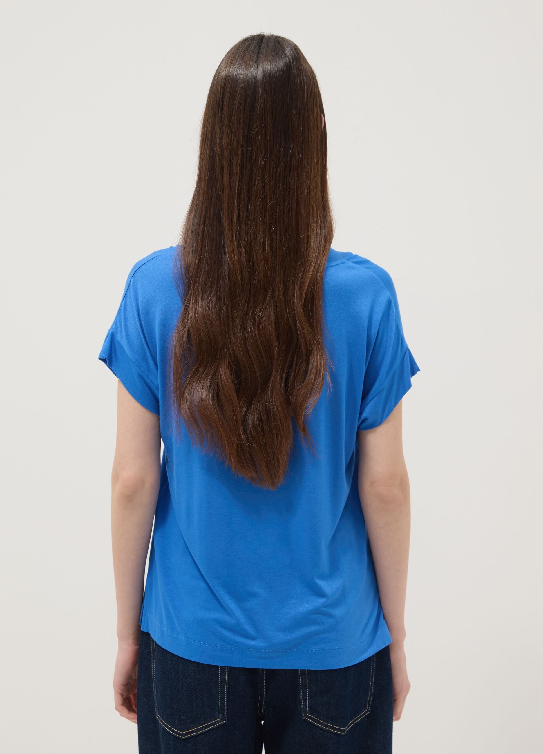 Blue stretch viscose V-neck T-shirt