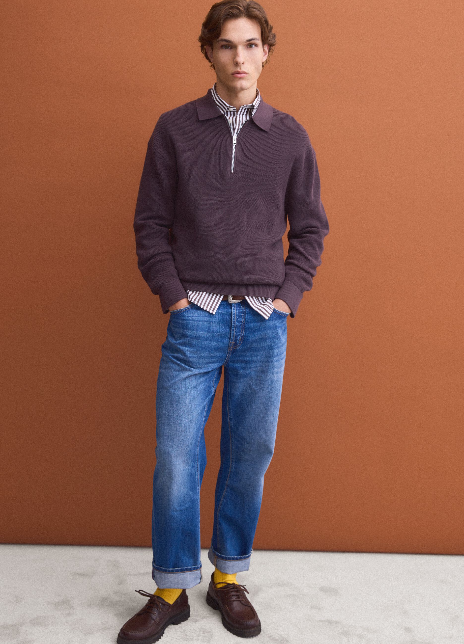 Brown pure cotton polo with zip and classic collar