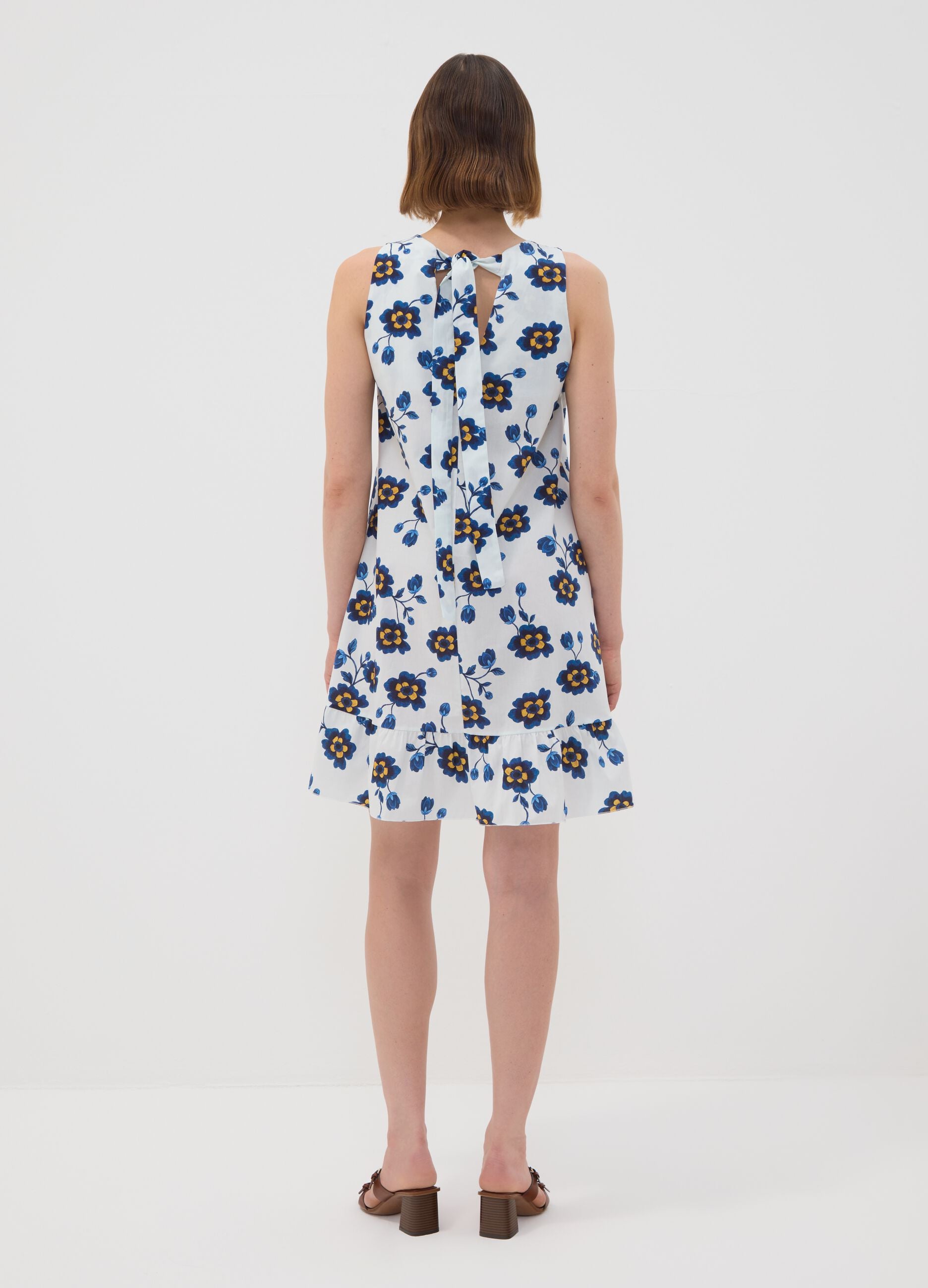 White stretch cotton dress with floral print, regular fit
