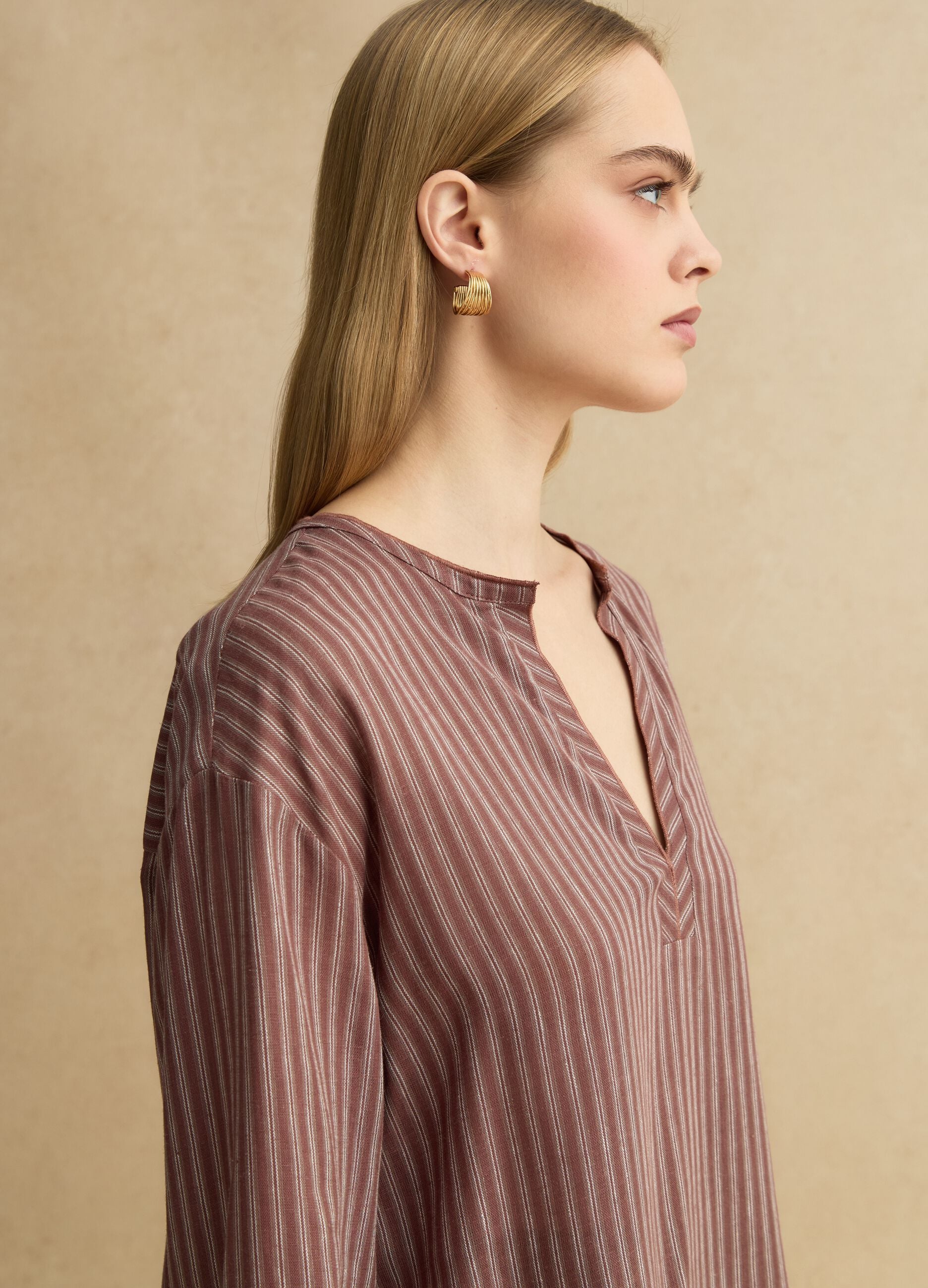 Regular fit multicolour striped linen-blend shirt with a Mandarin collar