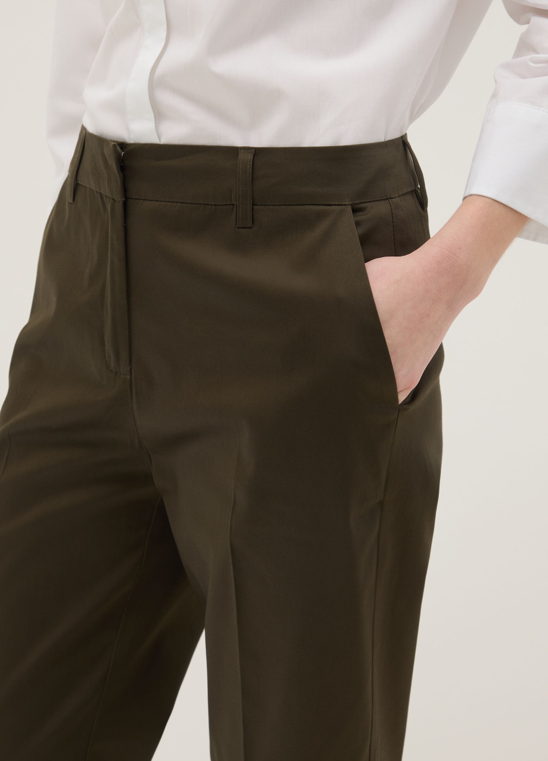 Brown stretch cotton satin trousers regular fit