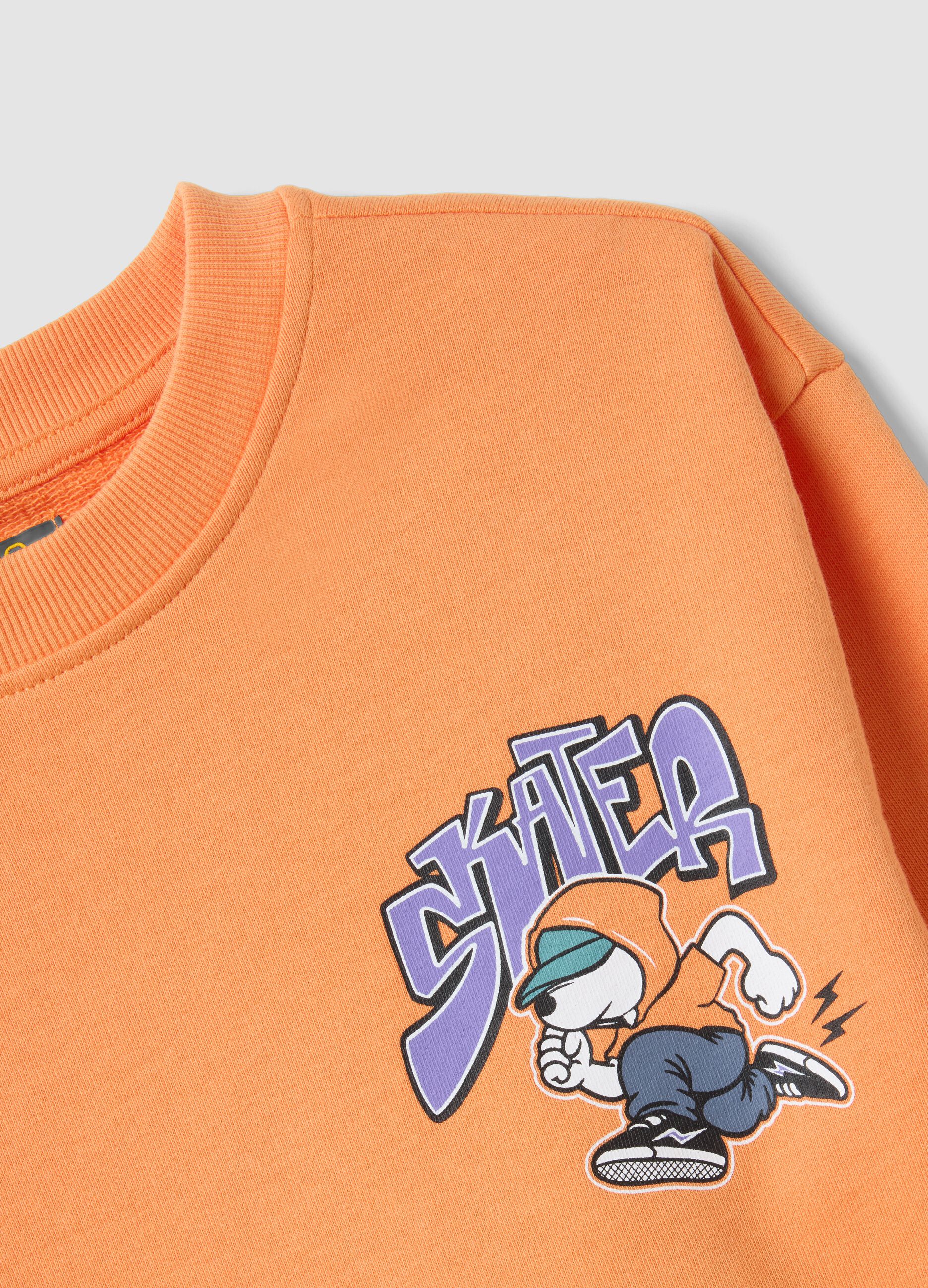 Orange oversized pure cotton hoodie with print and kangaroo pocket for boys