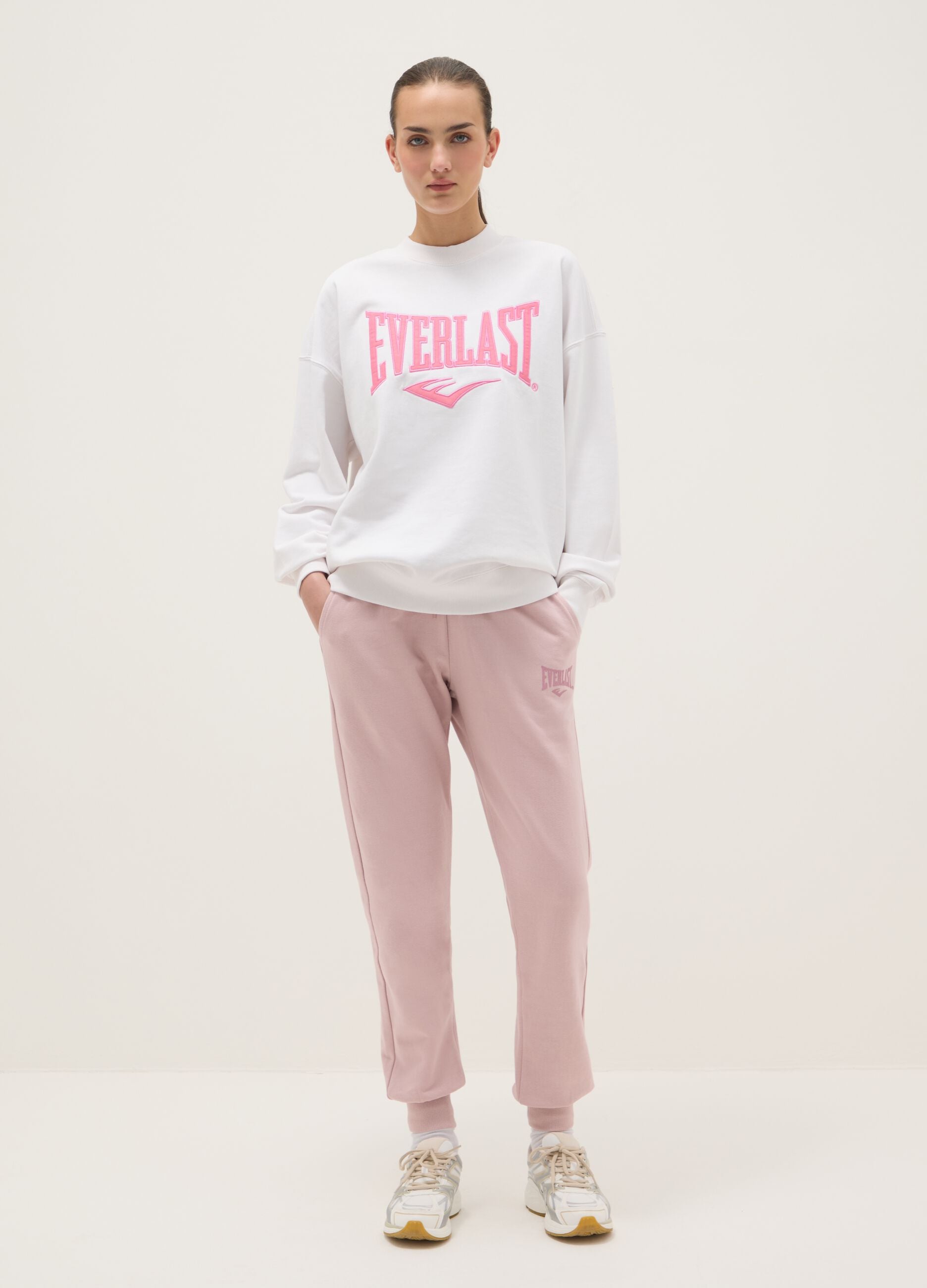 Pink cotton blend regular fit trousers with Everlast logo