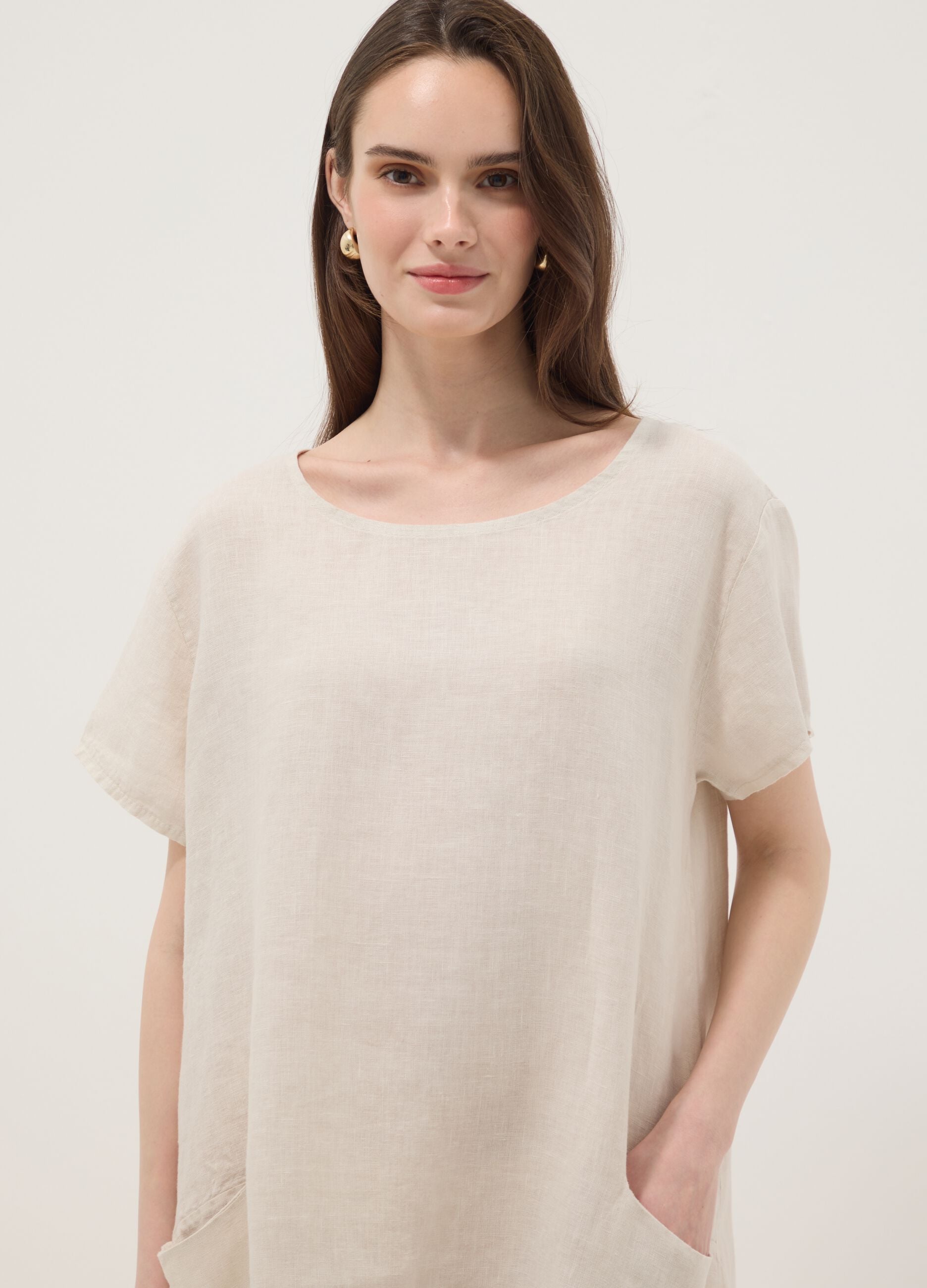 Beige pure linen dress with patch pockets, regular fit