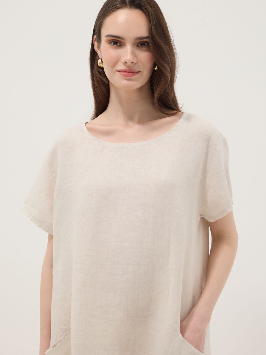 Beige pure linen dress with patch pockets, regular fit_0