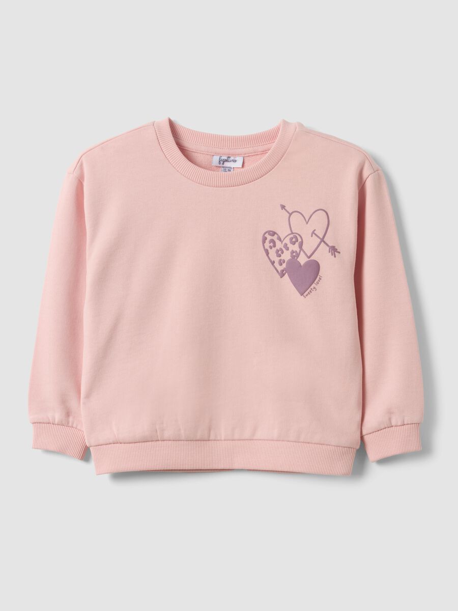 Felpa over fit rosa in puro cotone con stampa cuori per bimba_0