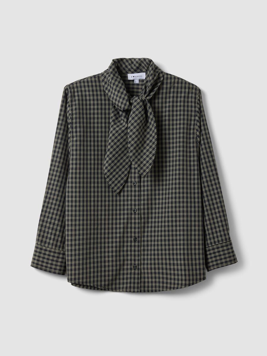 Oversized black cotton-blend checked shirt with neck bow_0