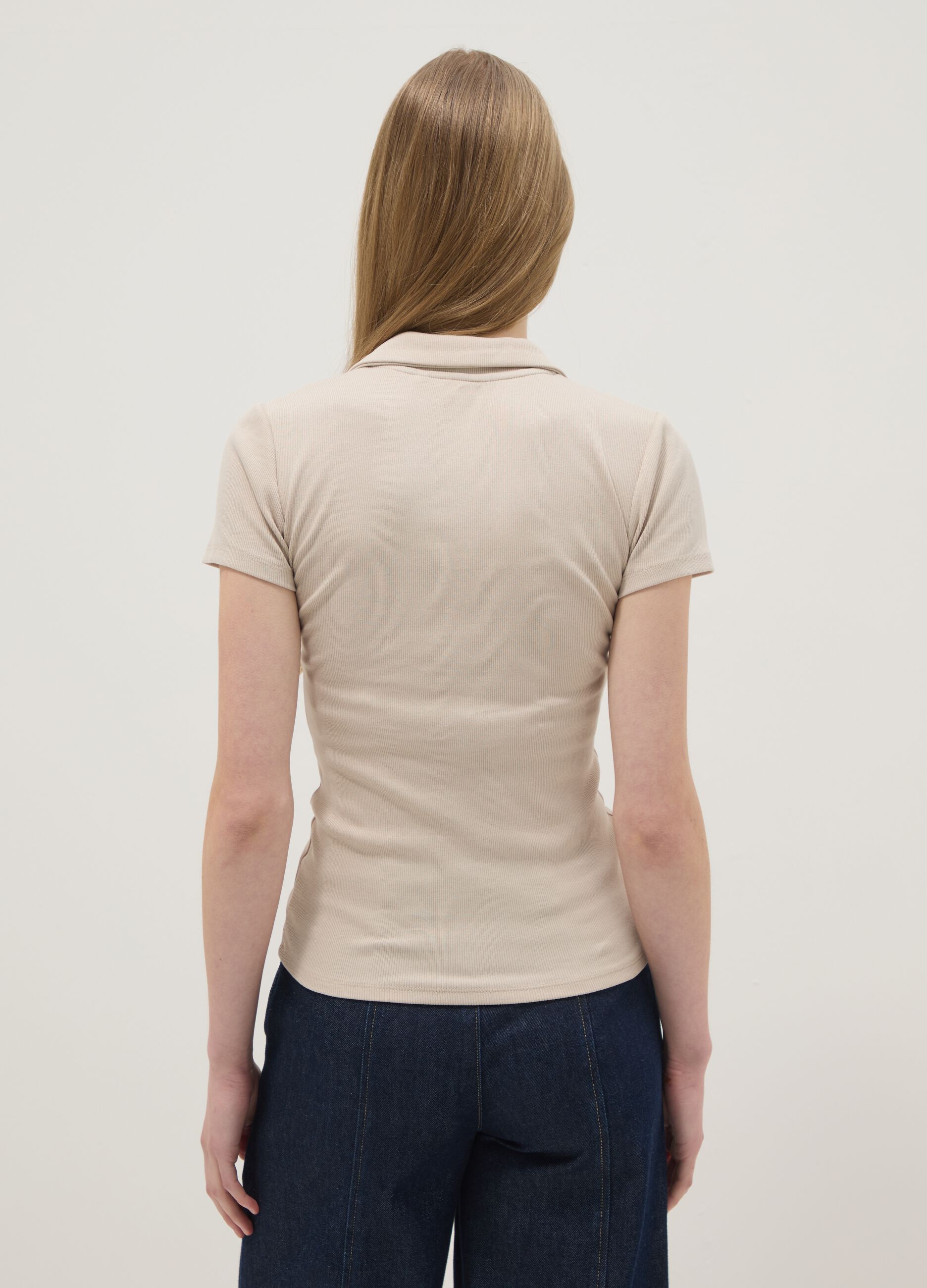 Beige Stretch Cotton Polo Regular Fit Deep V
