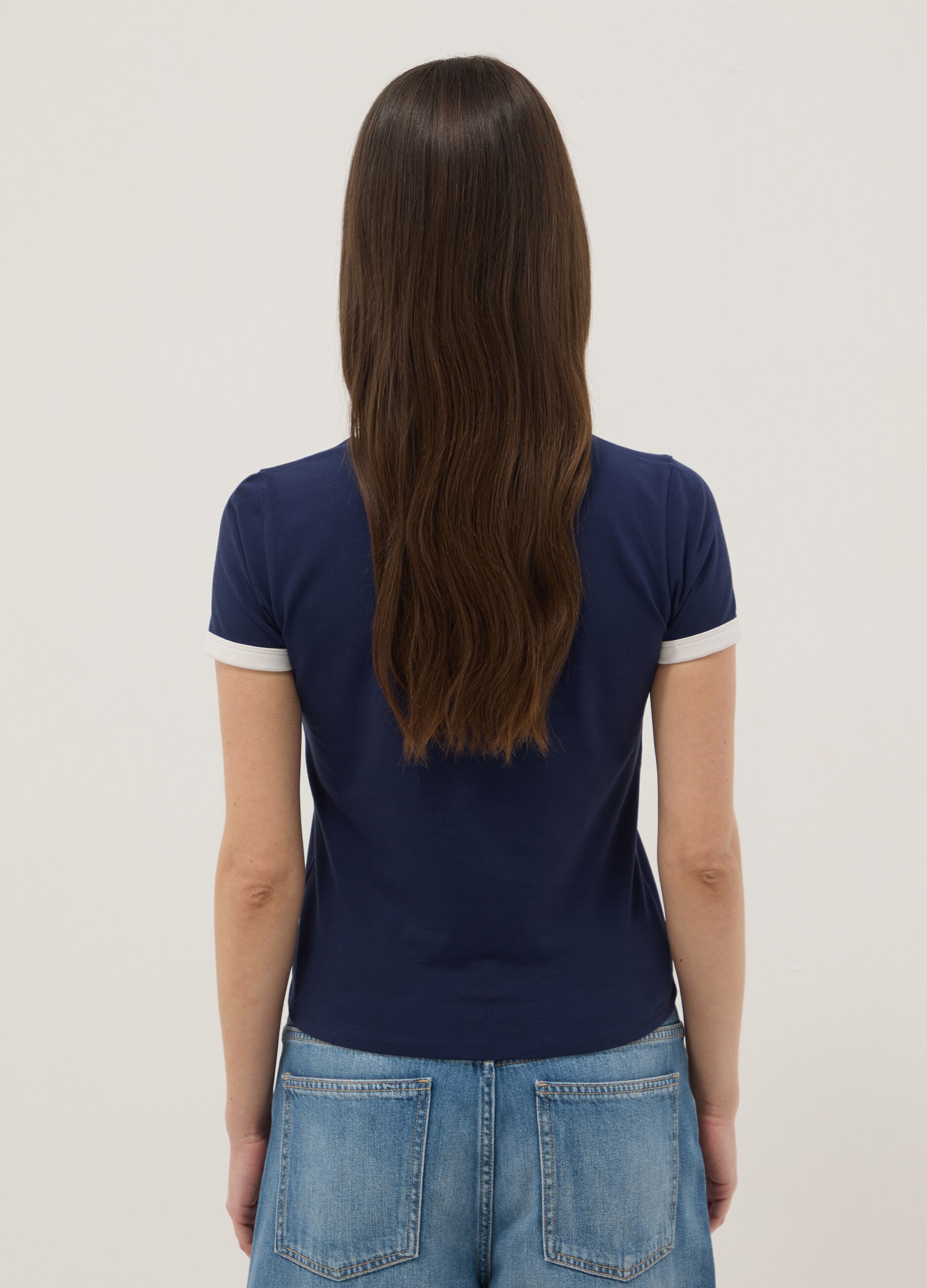 Regular fit blue stretch cotton T-shirt with print