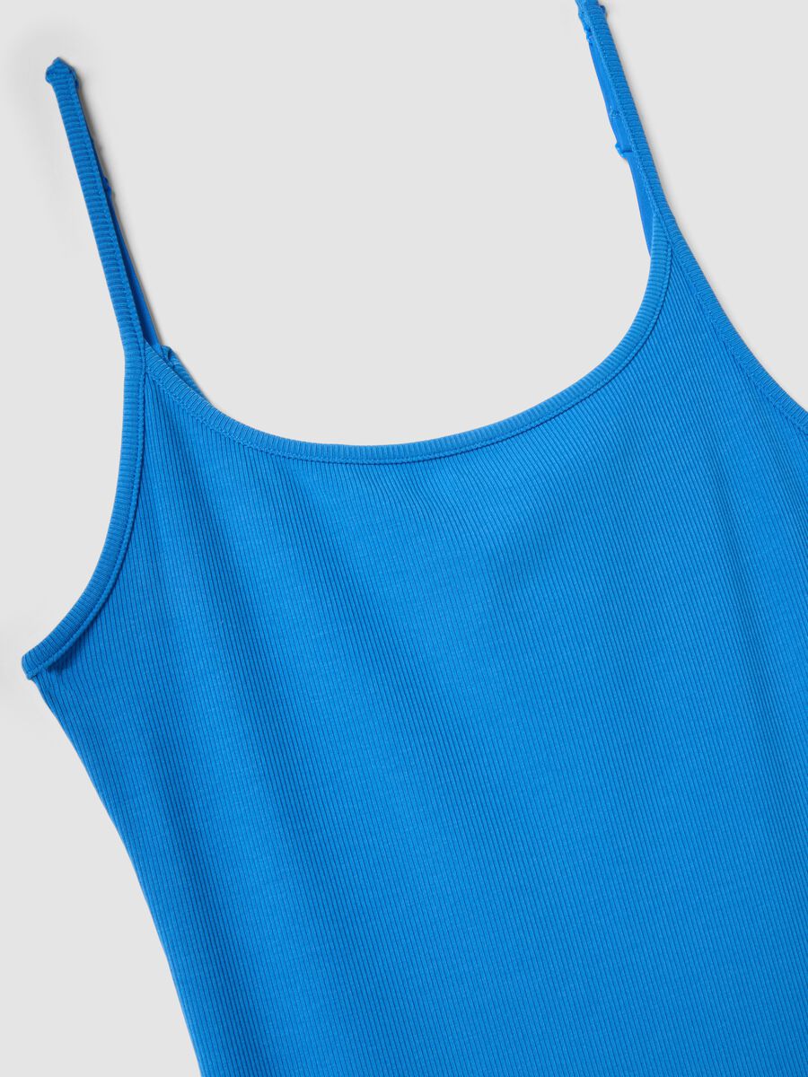Blue fitted ribbed stretch modal dress with straps_5
