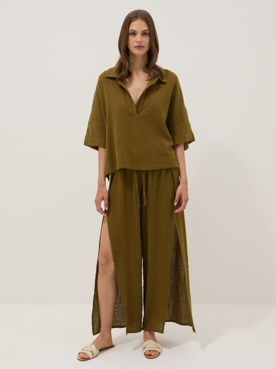 Short green pure cotton kaftan with V-neck_0